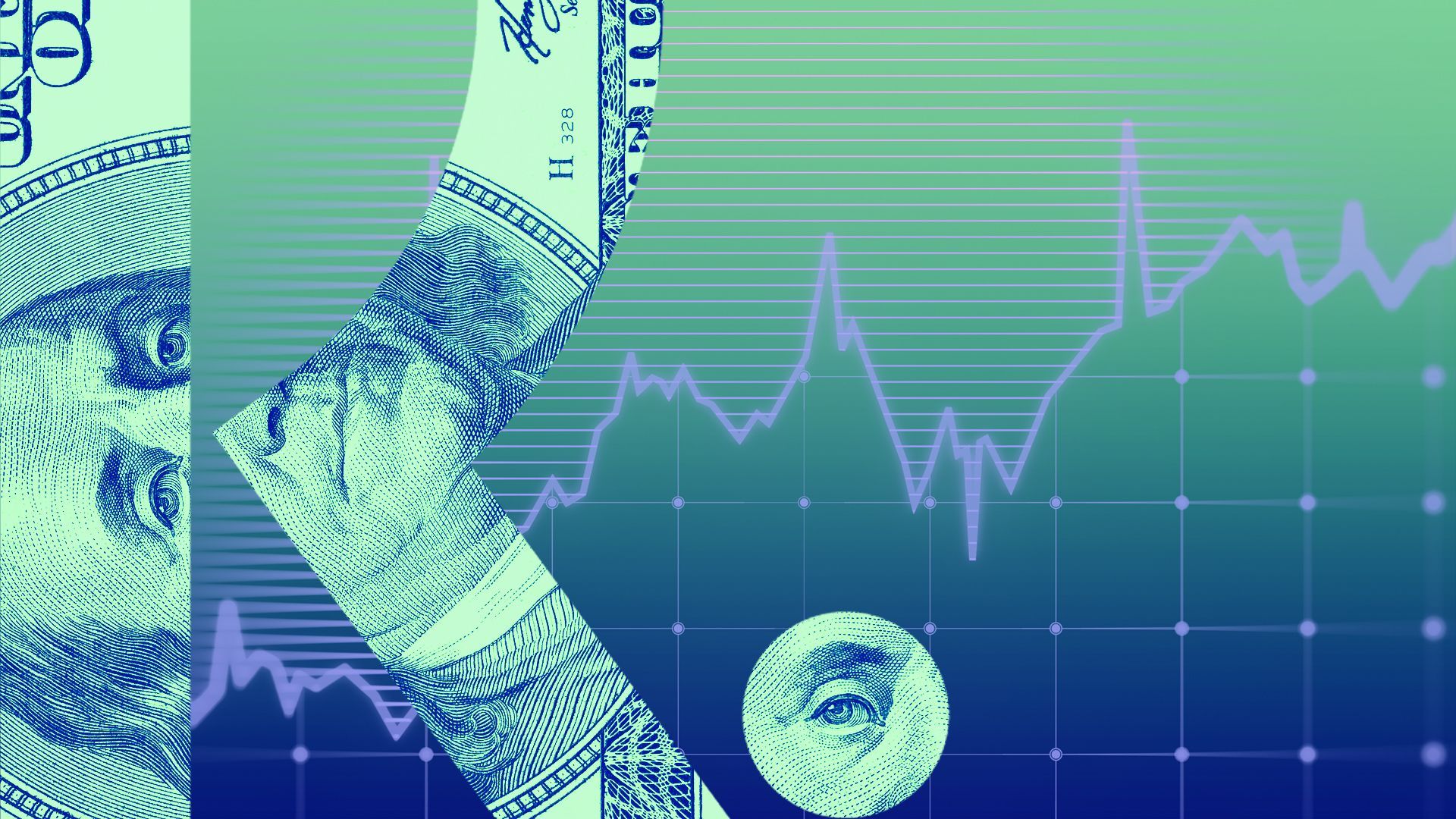 Illustration of the Klarna logo with a hundred dollar bill overlay and stock chart assets behind it