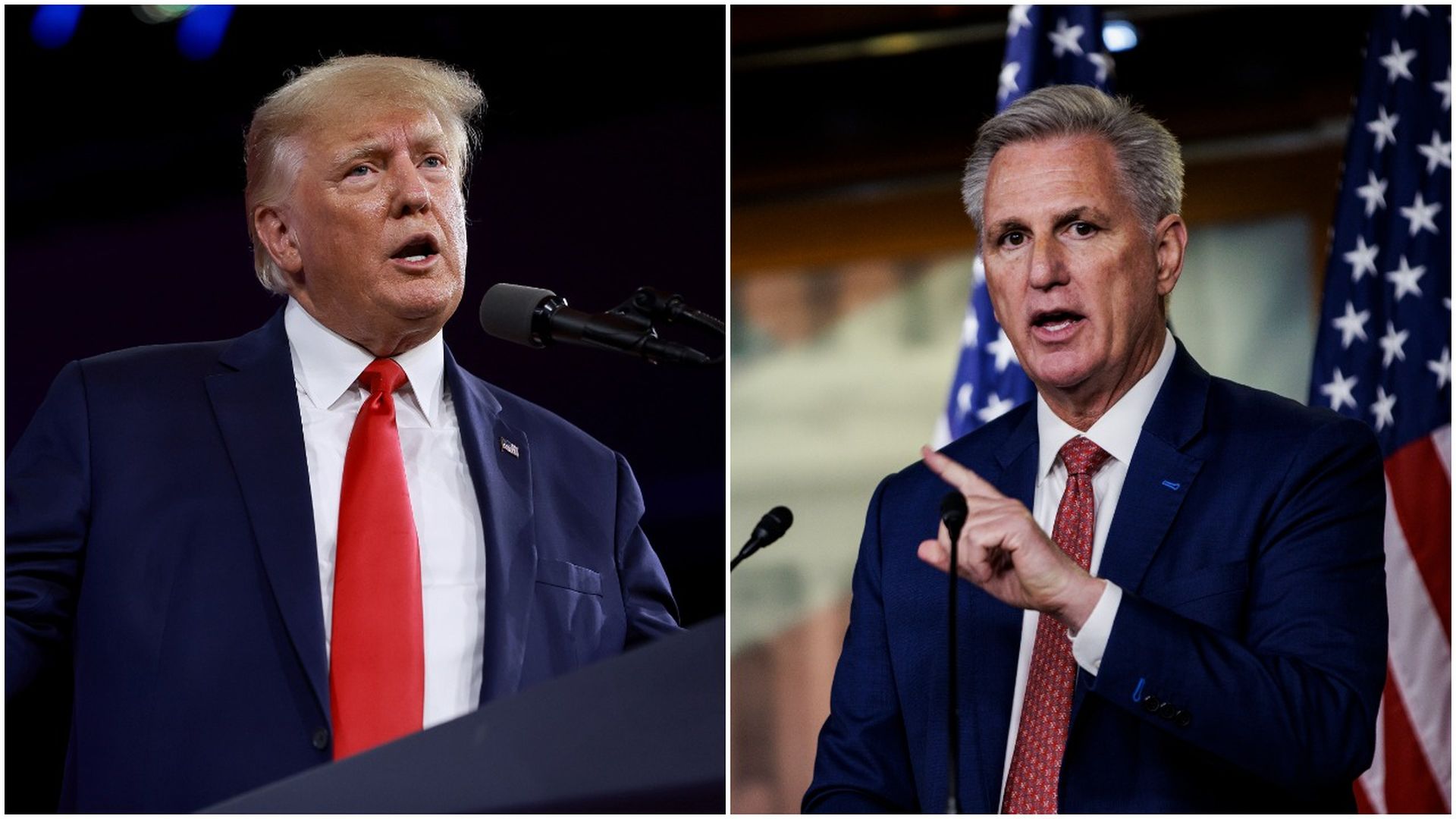 Photo of Donald Trump speaking on the left and Kevin McCarthy speaking on the right