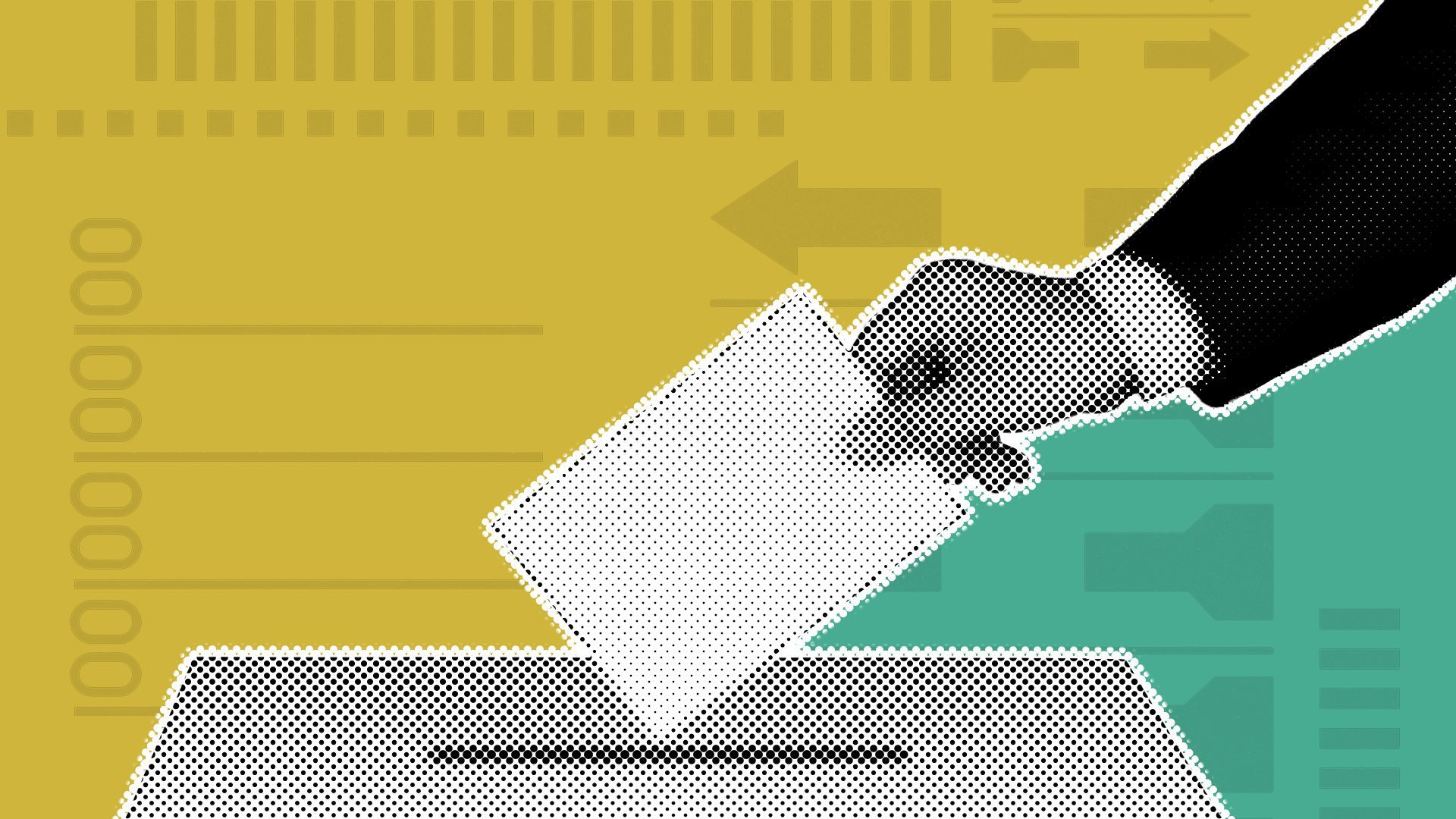 Illustration of a hand placing a ballot in a box.