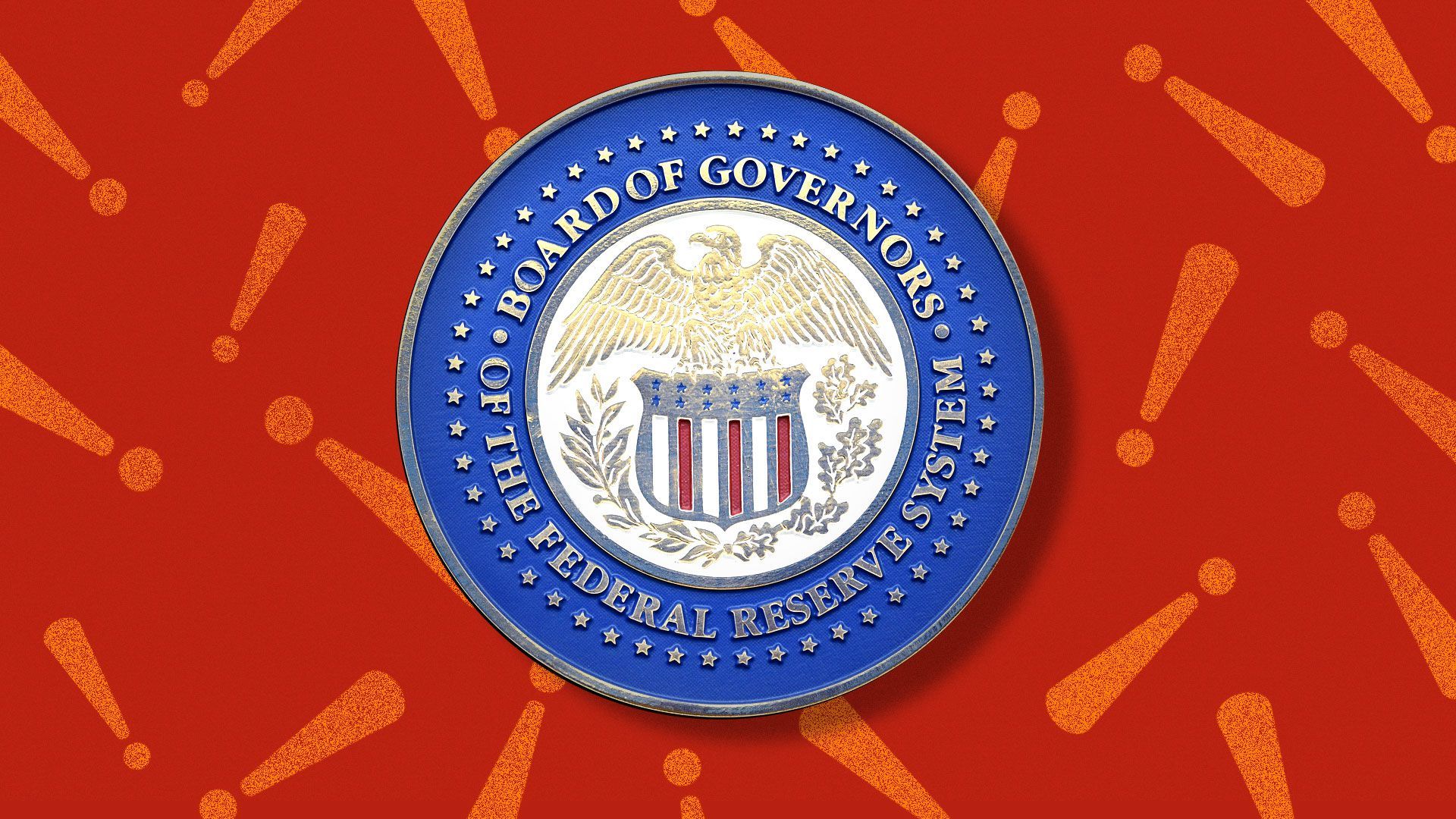 Illustration of The Federal Reserve seal on a background exclamation.