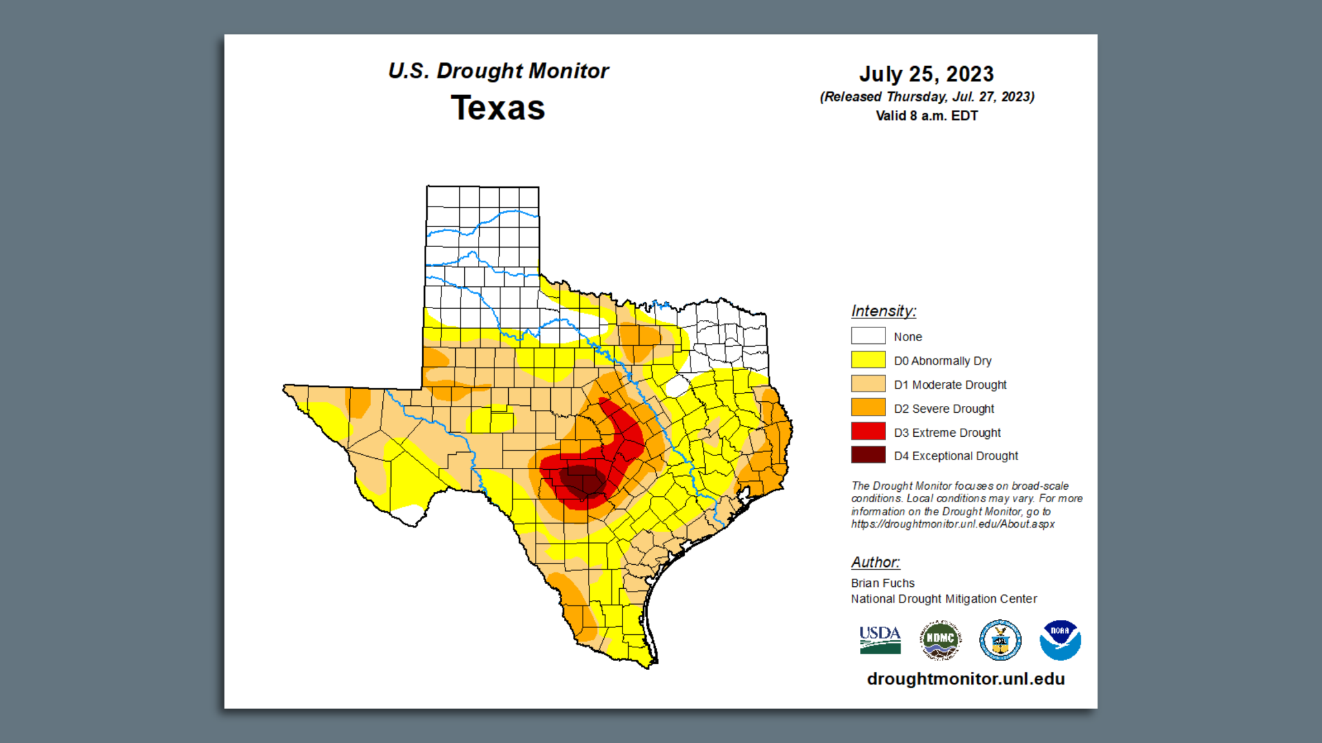 A map showing various drought conditions throughout Texas