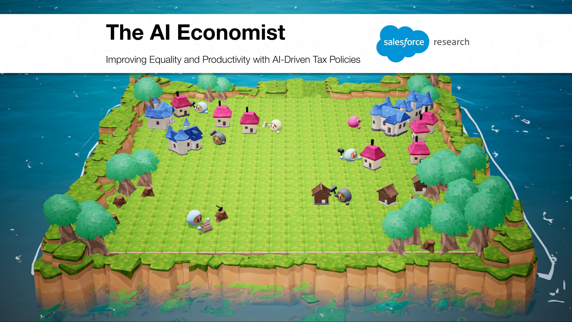 Screen capture image of the Salesforce AI Economist program, with a field of green populated by houses