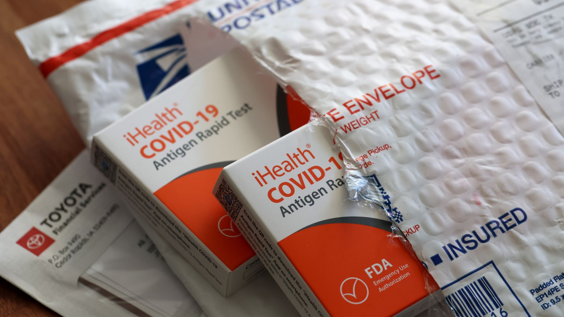 COVID tests in a USPS padded envelope