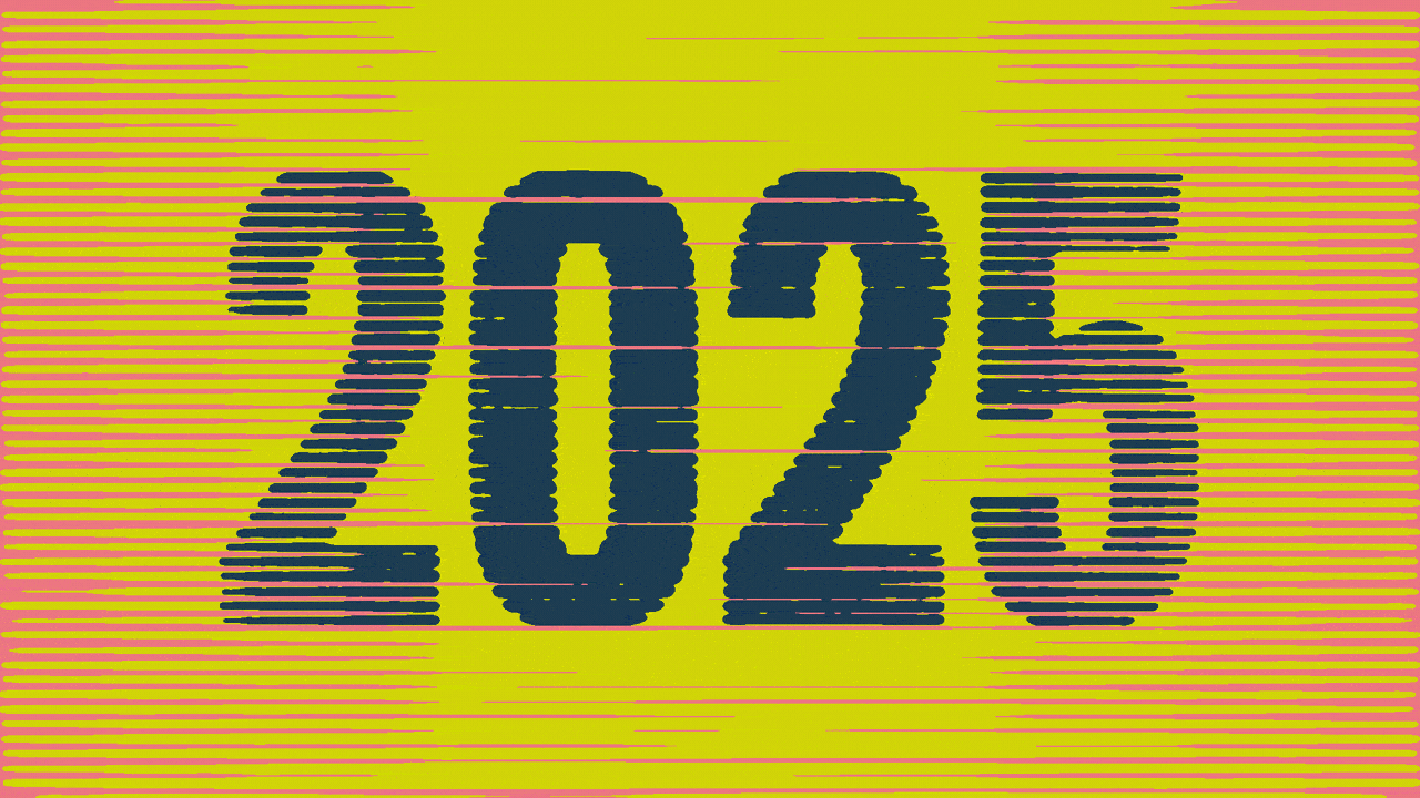 Animated illustration of moving lines making up the year 2025 falling away to reveal moving lines making a forward-pointing foam finger.