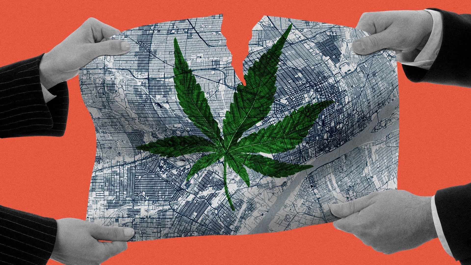 Illustration of a tug of war over a map overlaid with a marijuana leaf.