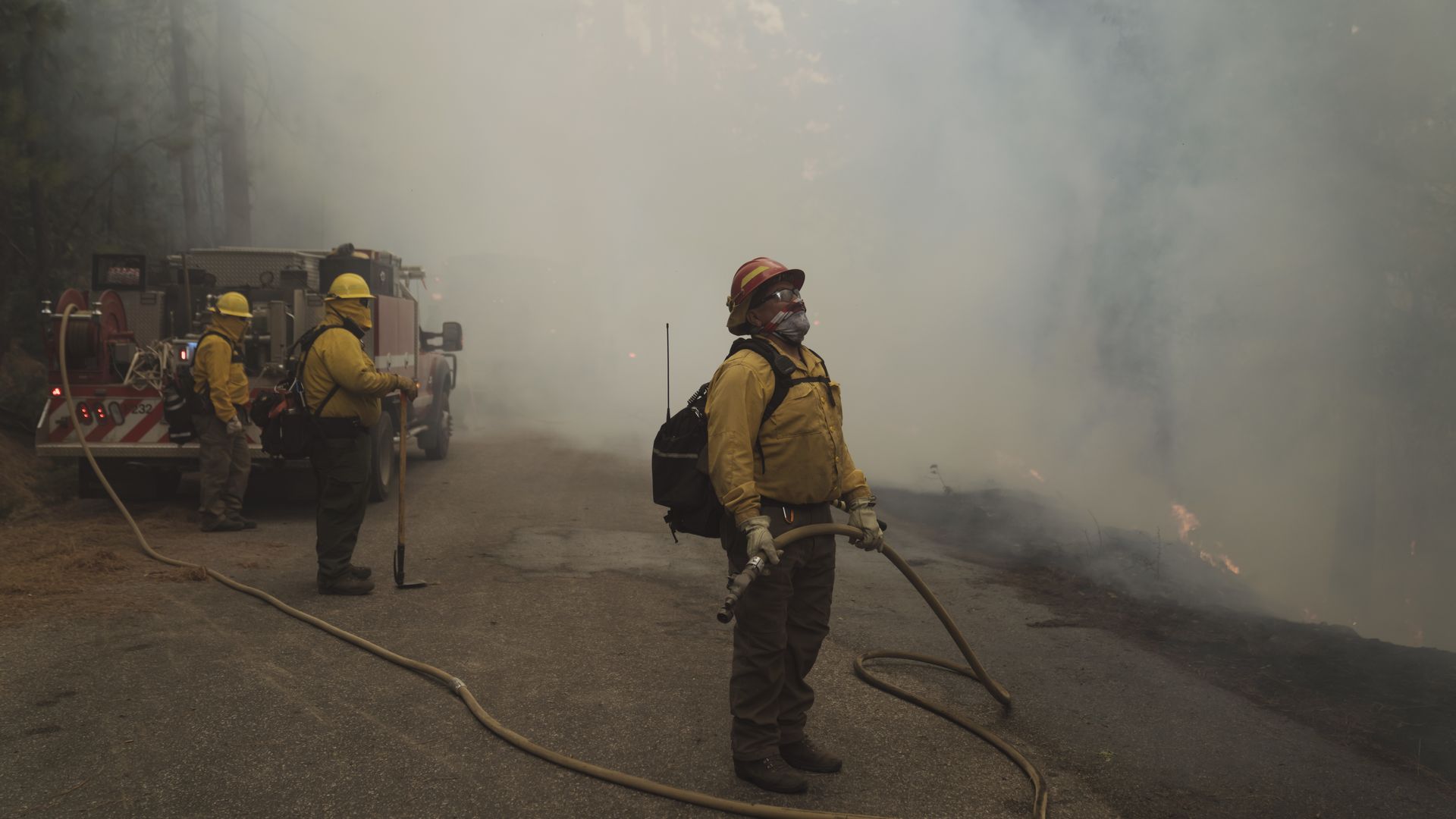  Firefighters battle flames from the Mosquito Fire on September 15, 2022 in Ramsey Crossing, California. 