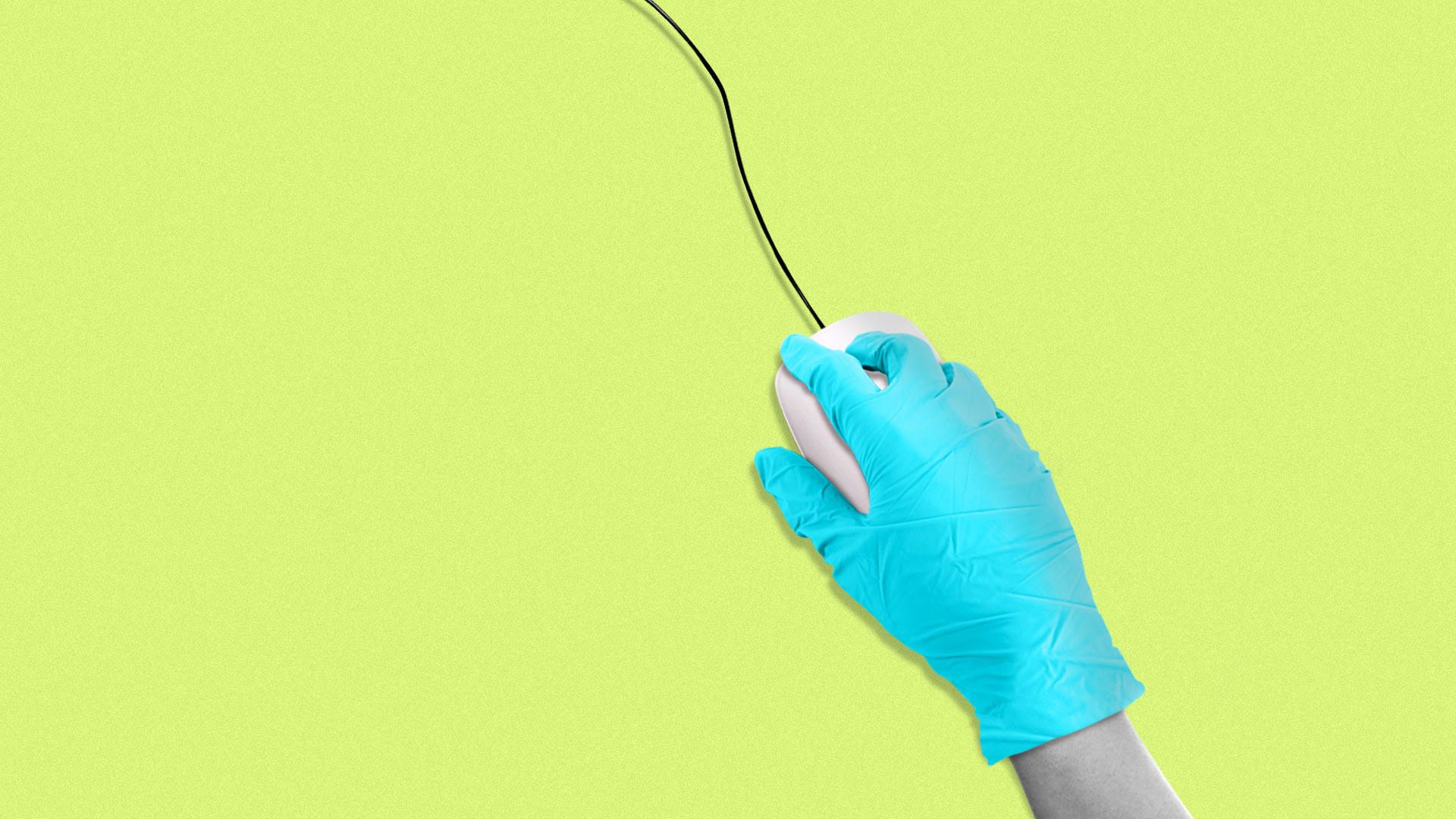 Illustration of gloved hand on computer mouse