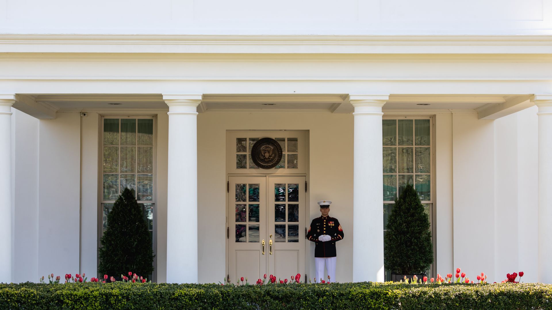 A U.S. Marine stands outside the West Wing of the White House.