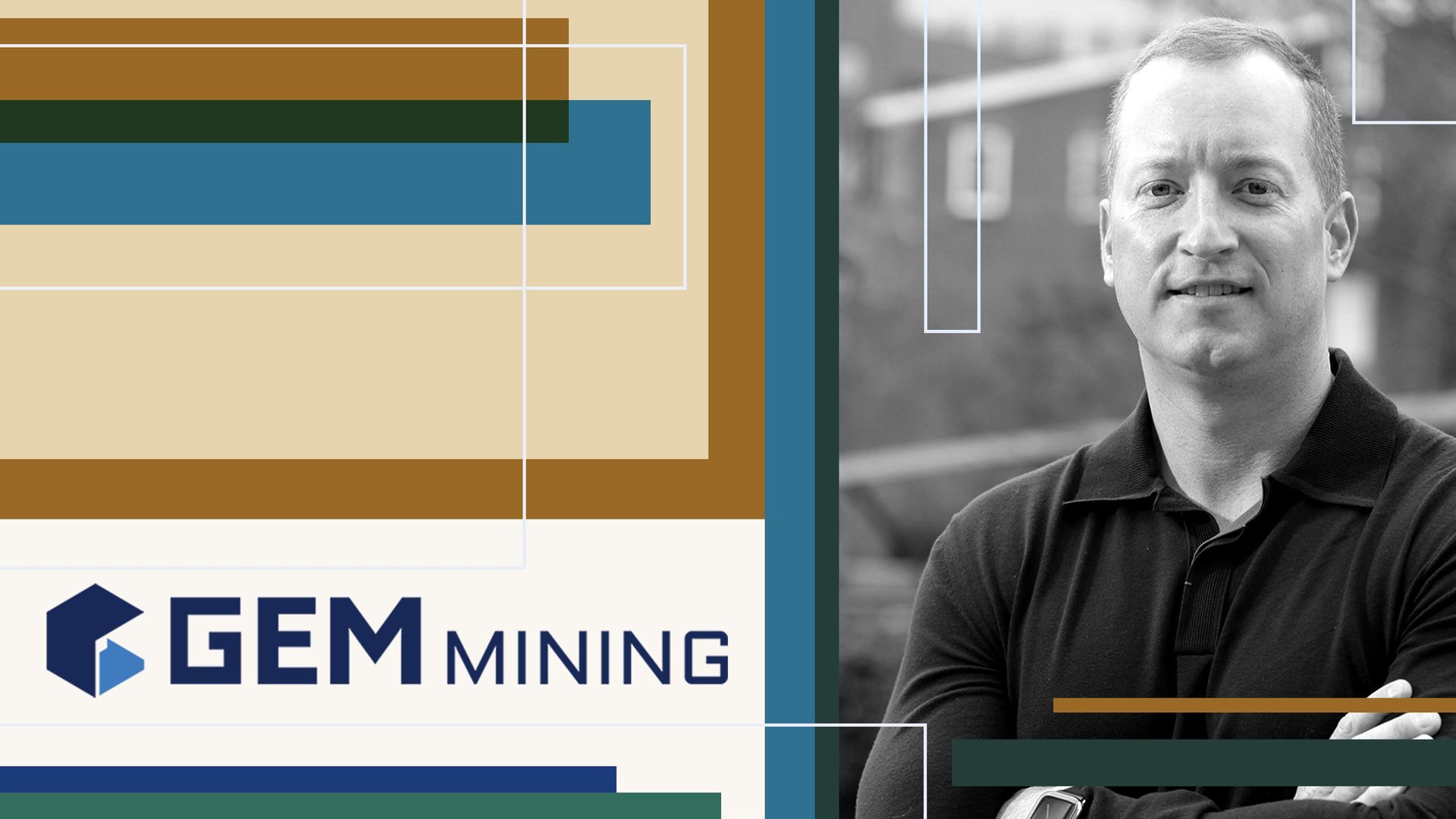 Photo illustration of John Warren of Gem Mining, with the logo of Gem Mining, by abstract shapes.