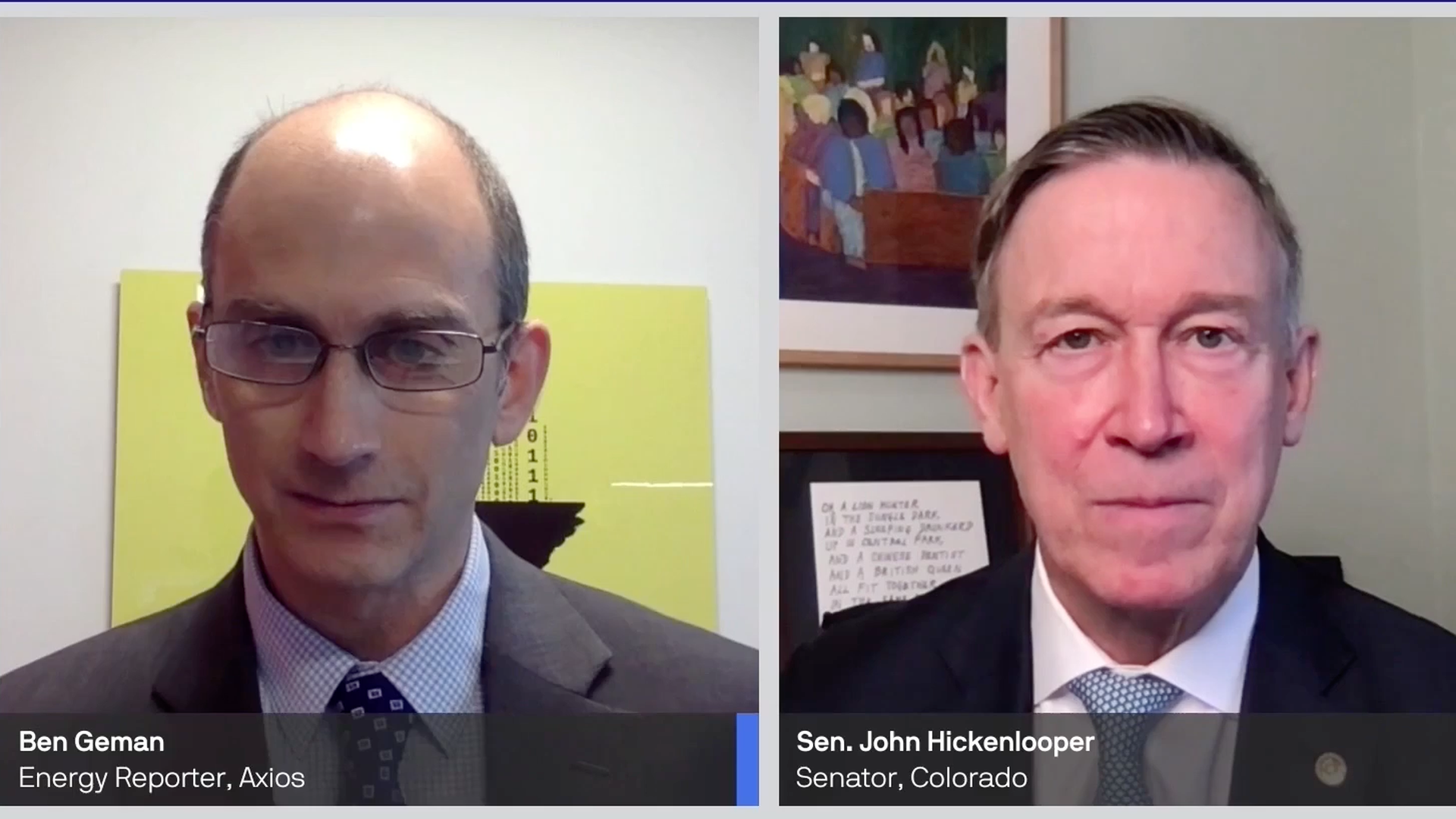 Axios' Ben Geman, right, and U.S. Sen. John Hickenlooper during an Axios event. Photo: Screenshot