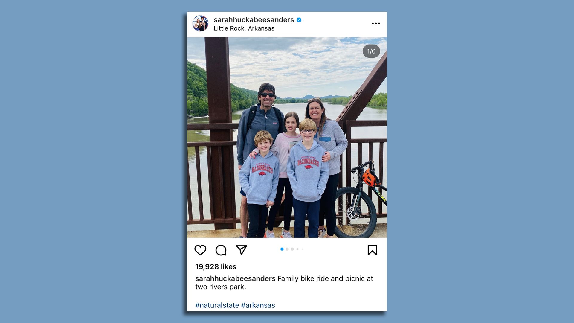 Gov. Sarah Huckabee Sanders with first gentleman Bryan Sanders and their children Scarlett, Huck and George at Two Rivers Bridge in Little Rock.