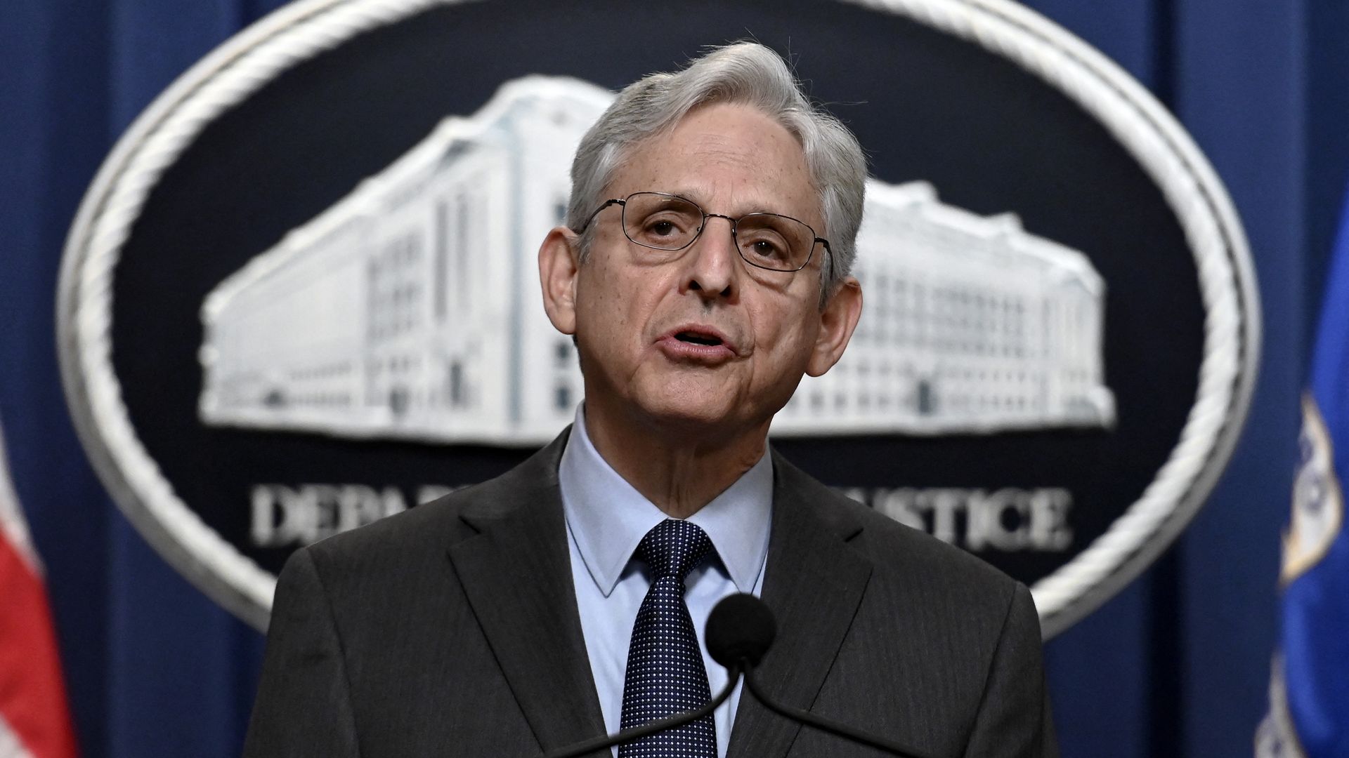 US Attorney General Merrick B. Garland speaks at the Justice Department in Washington, DC, on April 1, 2022.
