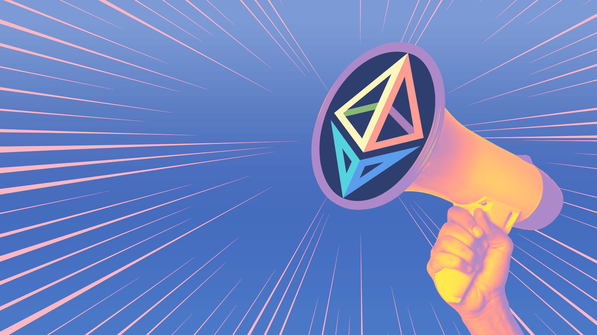 Illustration of a hand holding a bullhorn with the ethereum logo in the middle