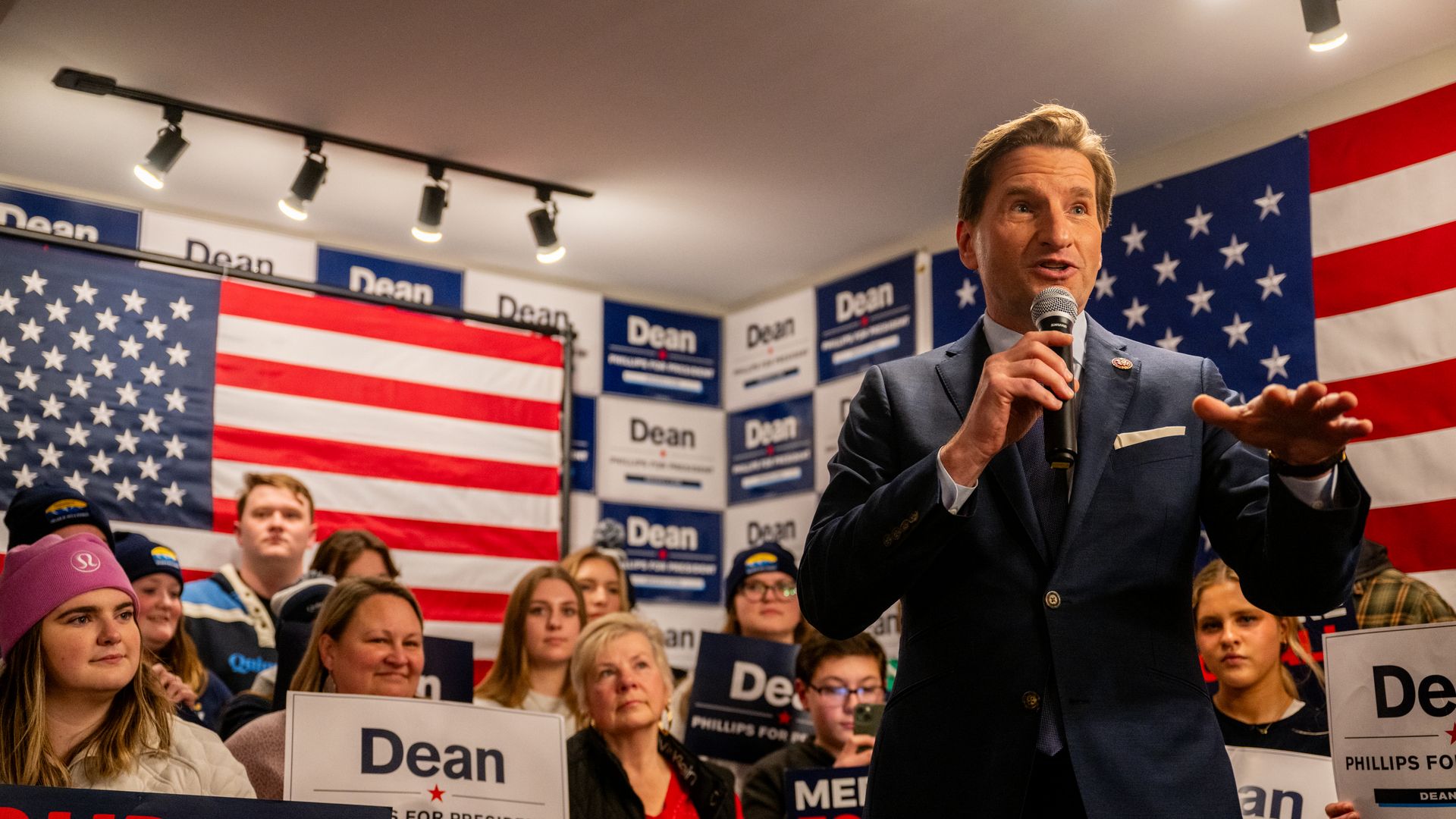 Democratic challenger U.S. Rep. Dean Phillips speaks to supporters during a campaign rally on January 22, 2024 in Manchester, New Hampshire.