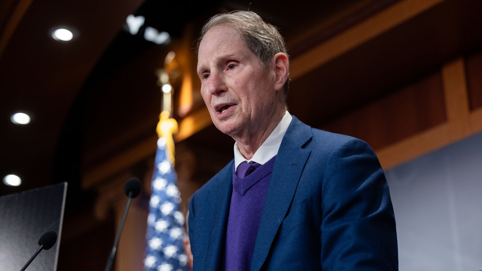 Sen. Ron Wyden (D-Ore.) speaks at a news conference with Senate Democrats about the Epstein files on Dec. 16, 2025, in Washington. Photo: Nathan Posner/Anadolu via Getty Images