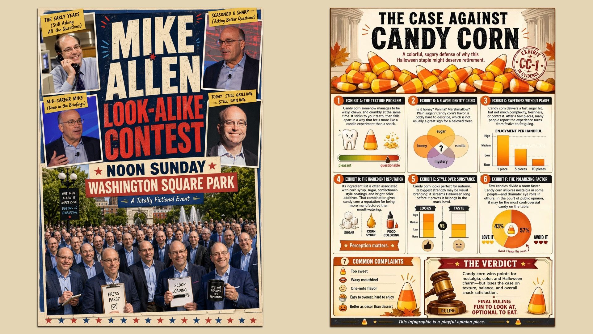 Beige background with two posters: left shows a collage for "Mike Allen Look-Alike Contest" at noon Sunday in Washington Square Park; right presents the infographic "The Case Against Candy Corn" with candy corn visuals.