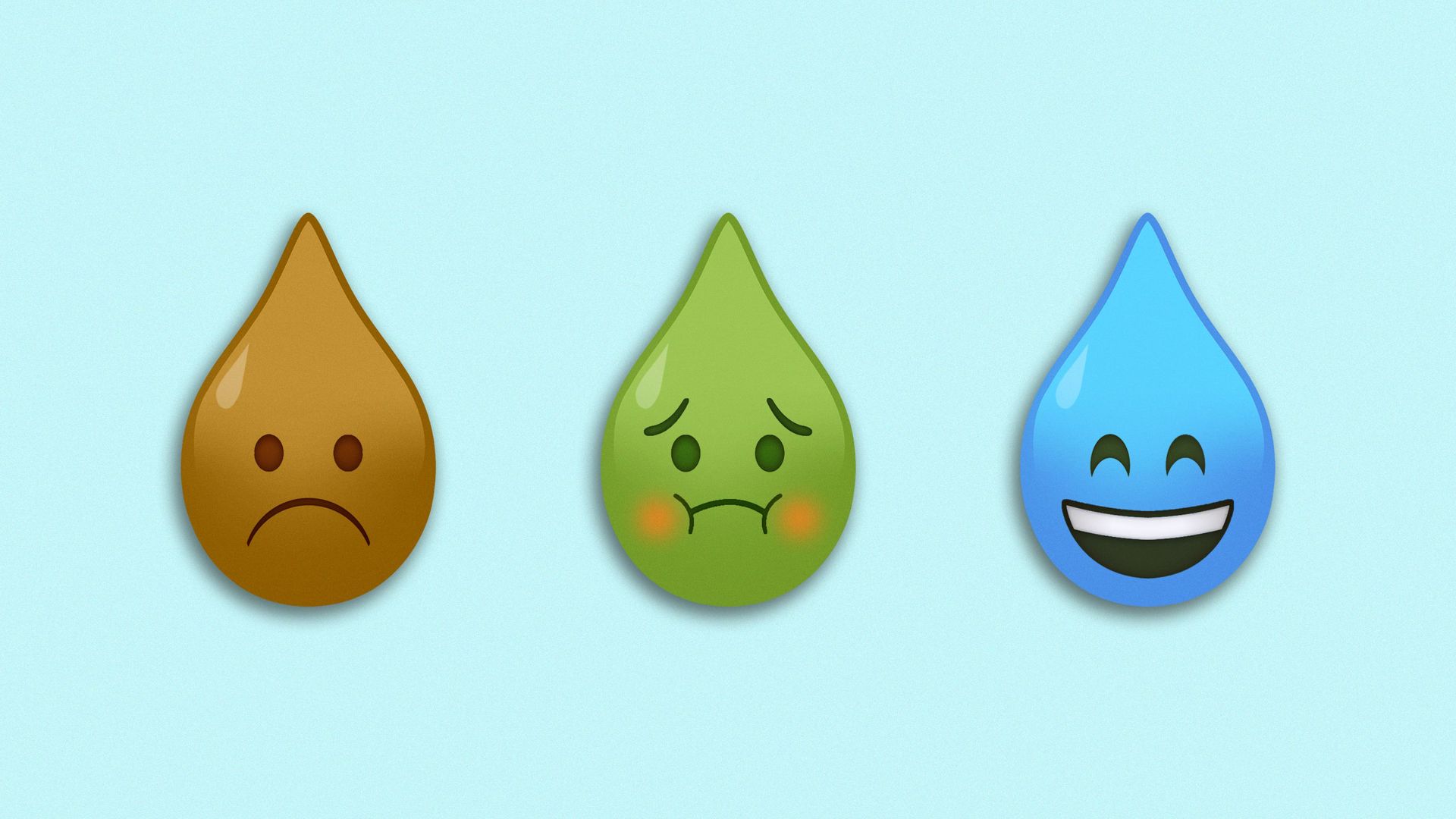 Illustration of three droplets of water, with different emojis on them.