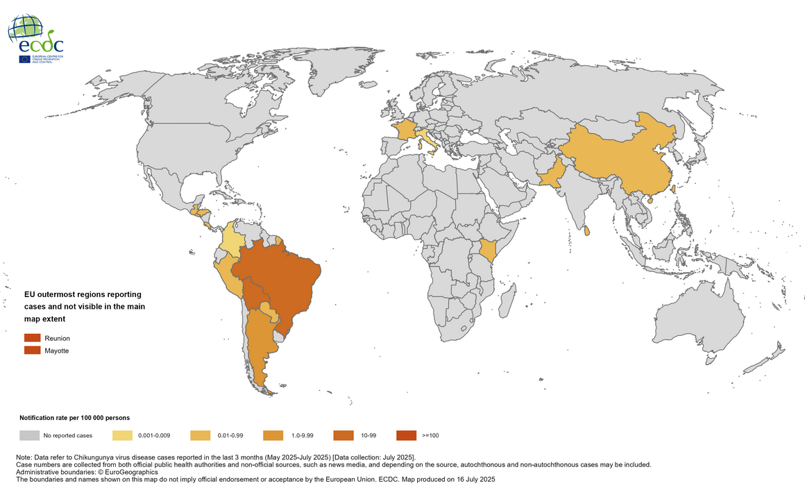 World map showing Chikungunya virus notification rates from May to July 2025 with countries shaded from light yellow to brown indicating case rates, including EU outermost regions Reunion and Mayotte.