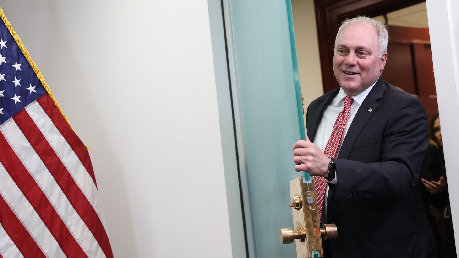 WASHINGTON, DC - MARCH 28: U.S. House Majority Leader Steve Scalise (R-LA) arrives for a press conference following a House Republican meeting at the U.S. Capitol on March 28, 2023. 	Kevin Dietsch/Getty Images  