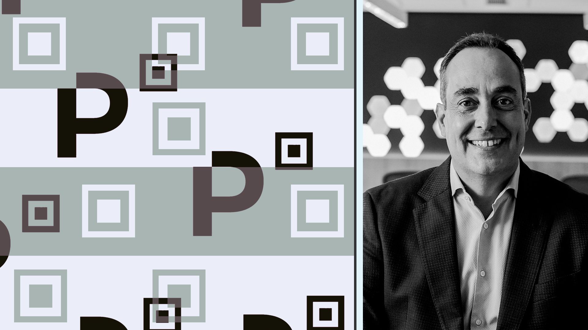 Photo illustration of Eduardo Chedid surrounded by abstract PicPay logos. 