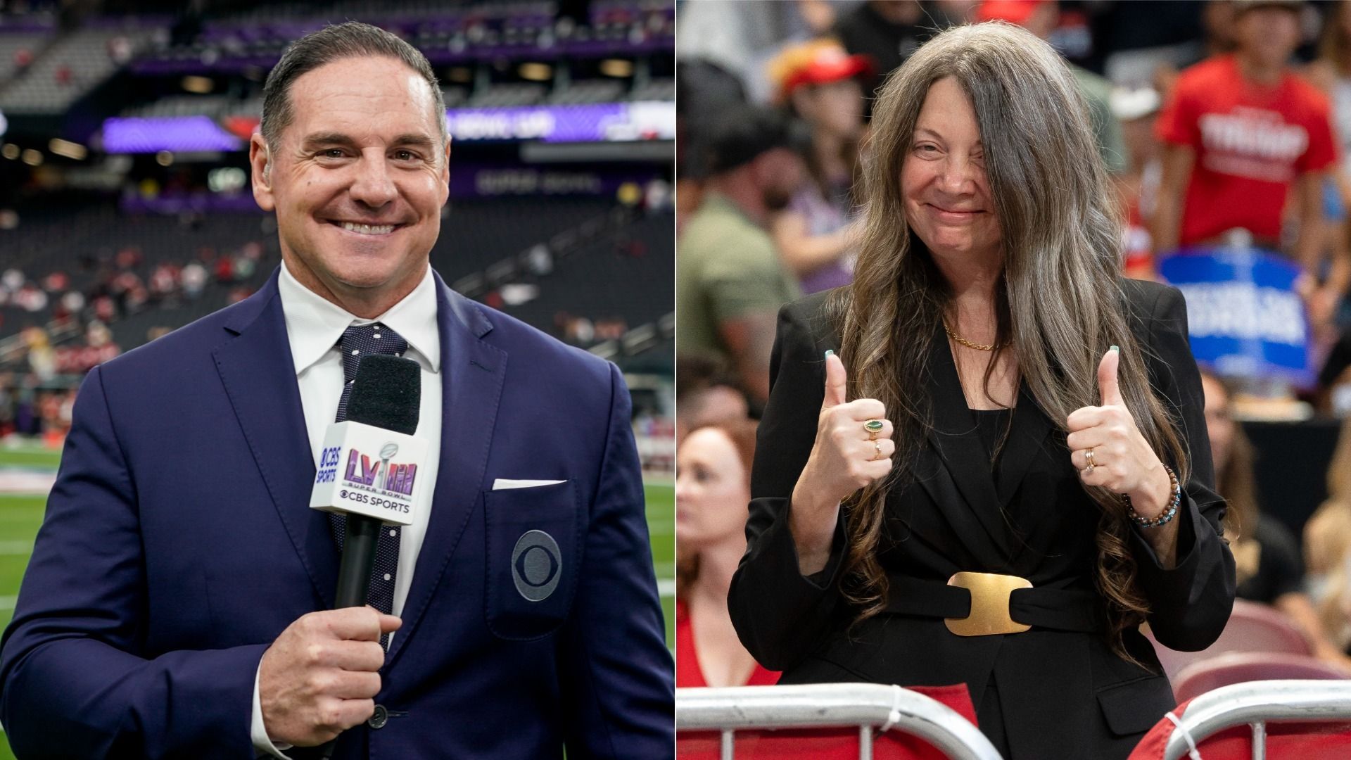 Side-by-side photos of a man in a blue suit jacket and white shirt smiling while holding a microphone in front of a football field on the right, and a woman in a black suit jacket smiling and giving two thumbs up in front of a crowd on the right. 