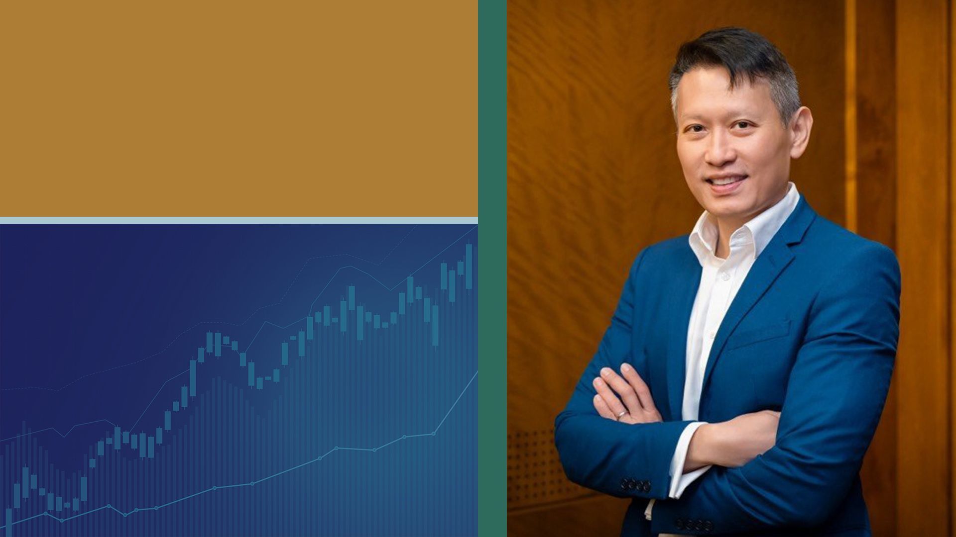 Photo illustration of Richard Teng on a abstract bacground of shapes and charts. 