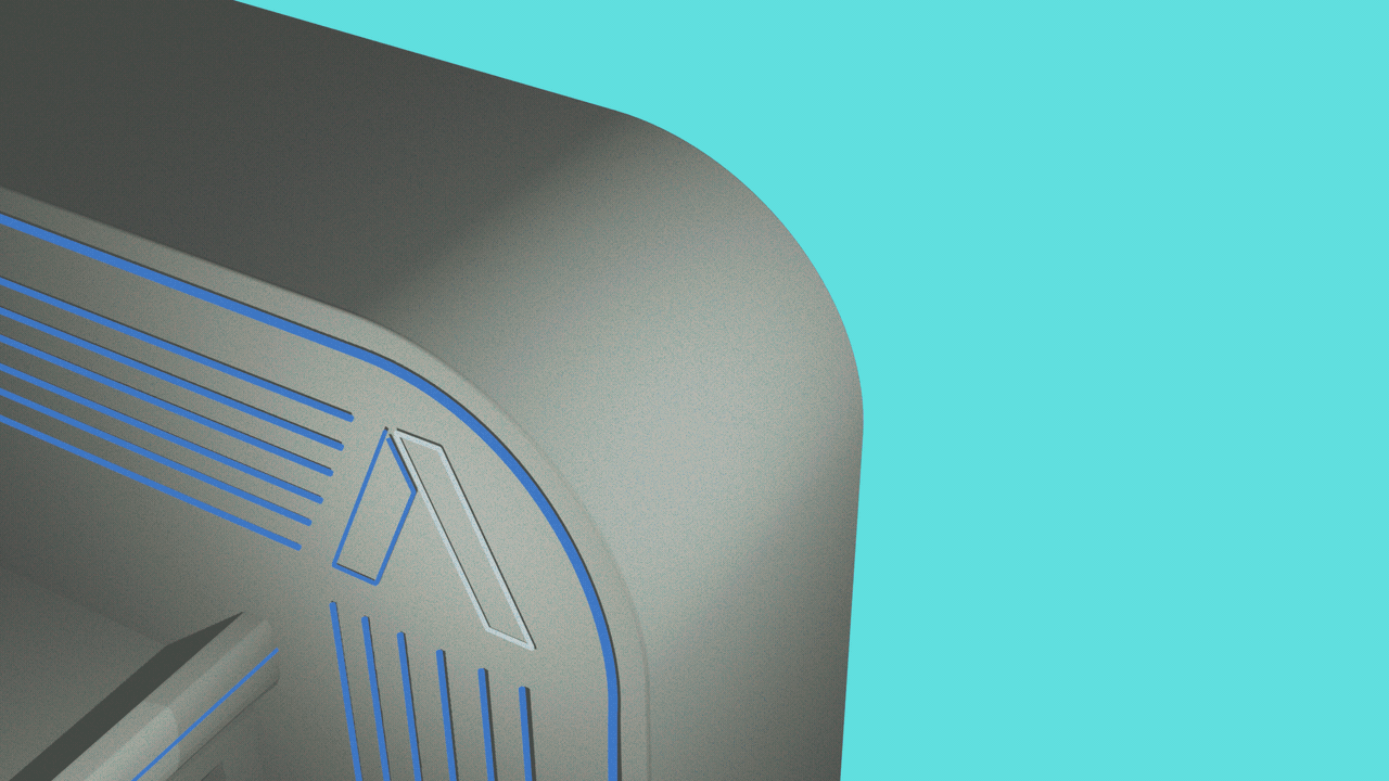 Illustration of a building with neon in the shape of the Axios logo lighting up as day turns to night.