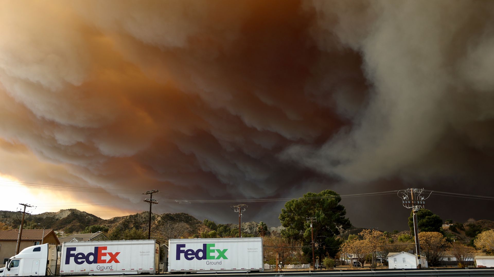 The Hughes Fire burns north of Los Angeles on January 22, 2025 near Castaic, California. The fire is prompting mandatory evacuations just over two weeks after the Eaton and Palisades Fires caused massive destruction across Los Angeles County