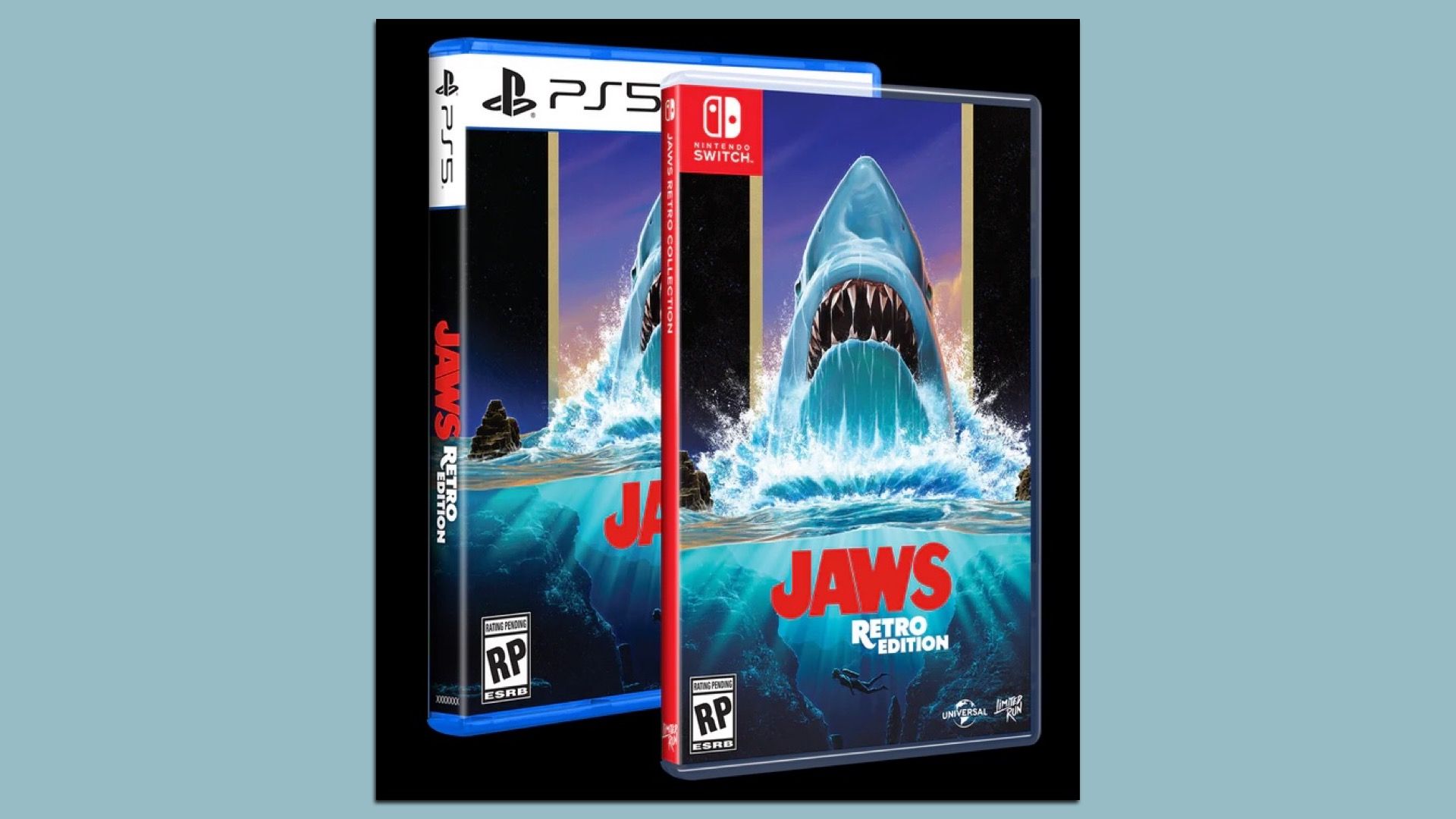 An image of the box for the re-release of the 1987 Jaws video game for Nintendo Entertainment System,