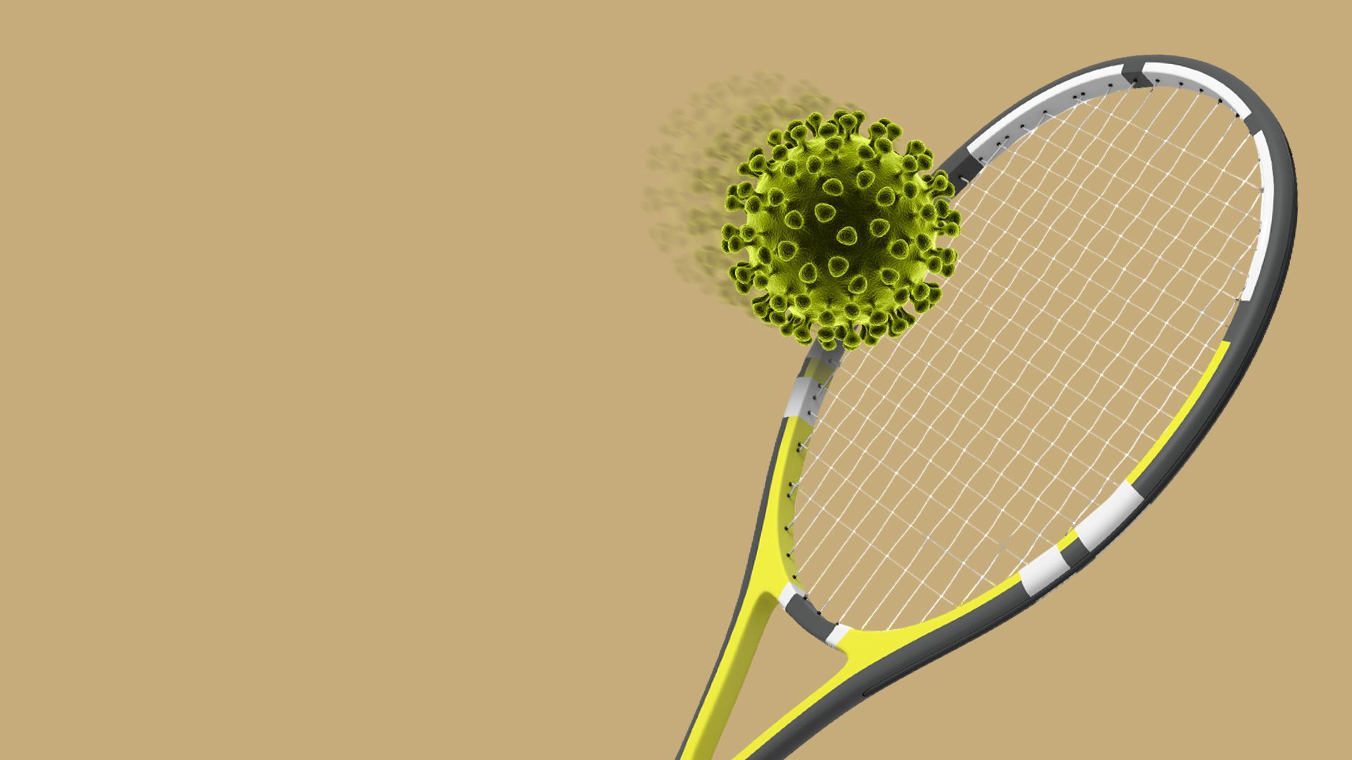 Illustration of a tennis racket hitting a coronavirus cell the size of a tennis ball. 