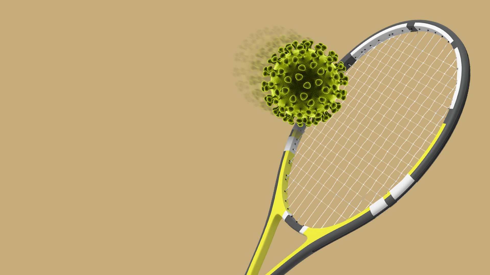 Illustration of a tennis racket hitting a coronavirus cell the size of a tennis ball.