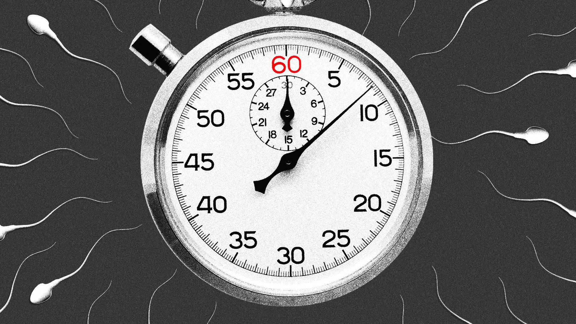 Illustration of sperm swimming away from a stopwatch.