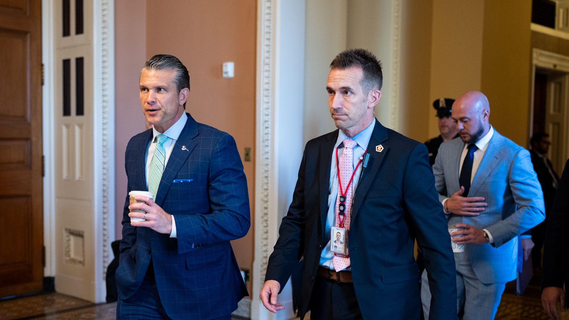 Defense Secretary Pete Hegseth leaves Senate Majority Leader John Thune's office in the U.S. Capitol on Aug 4.