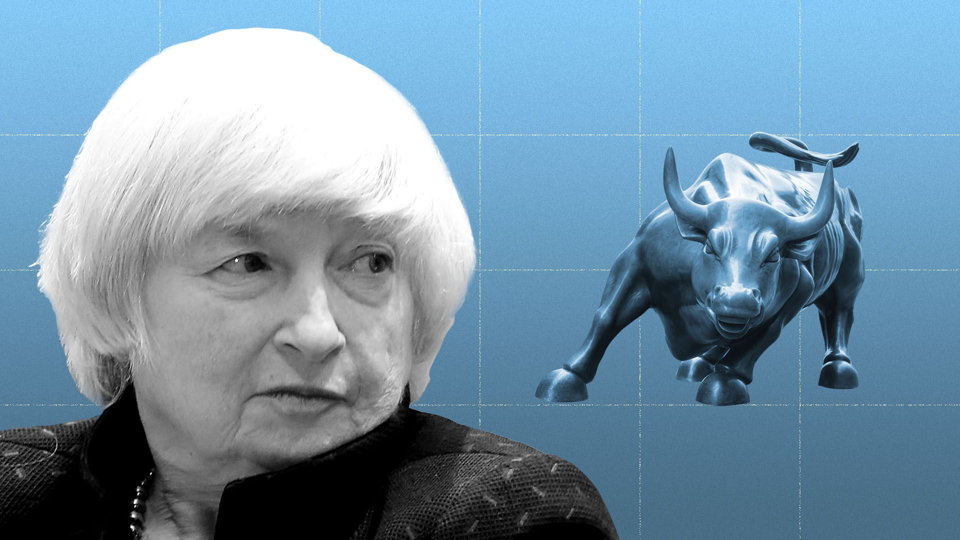 Photo illustration of Janet Yellen looking at the Wall Street Bull statue