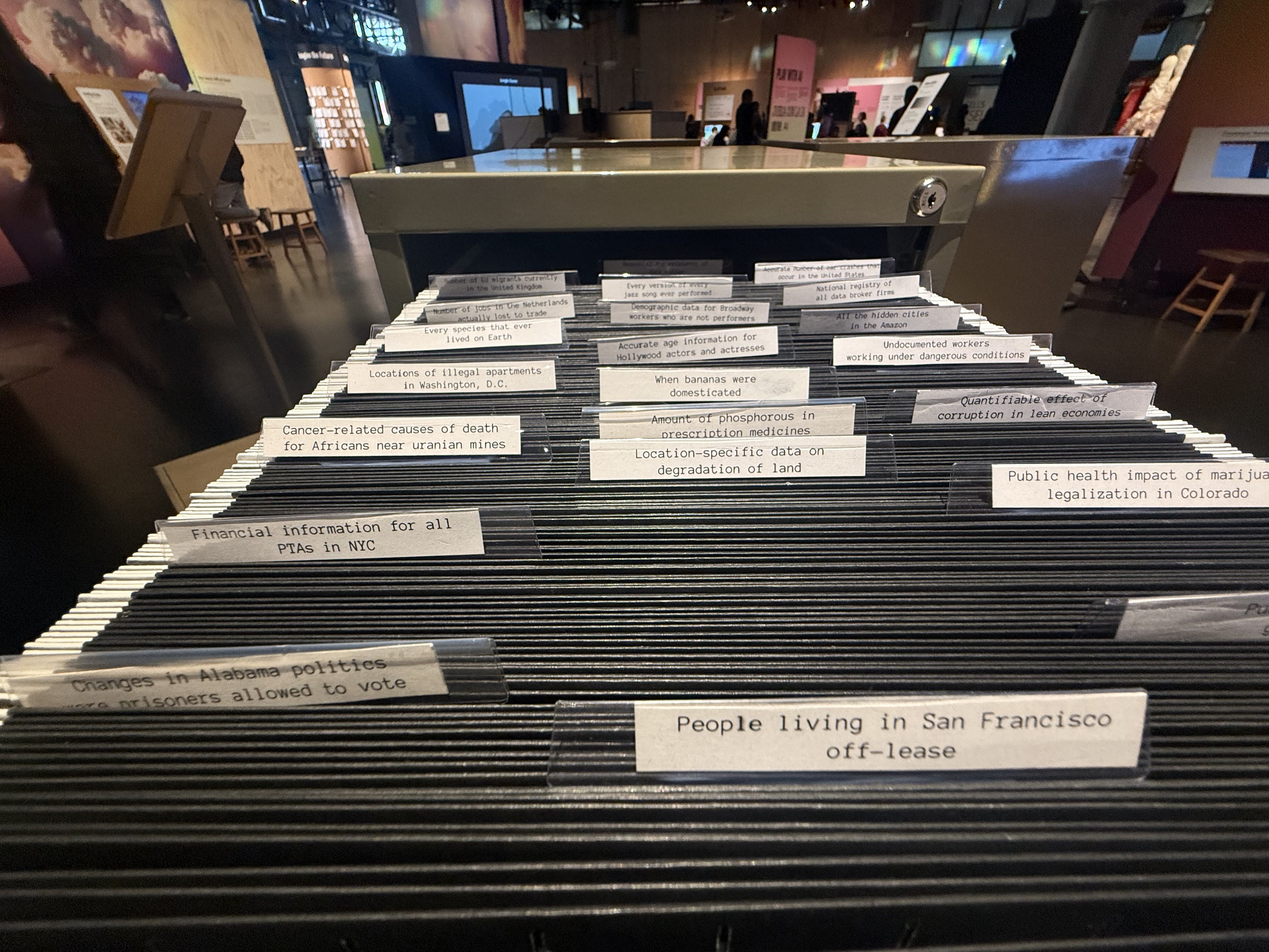 Black index card file with typed white labels listing various data topics like cancer causes, illegal apartments, marijuana legalization effects, and San Francisco off-lease living in a dim museum.