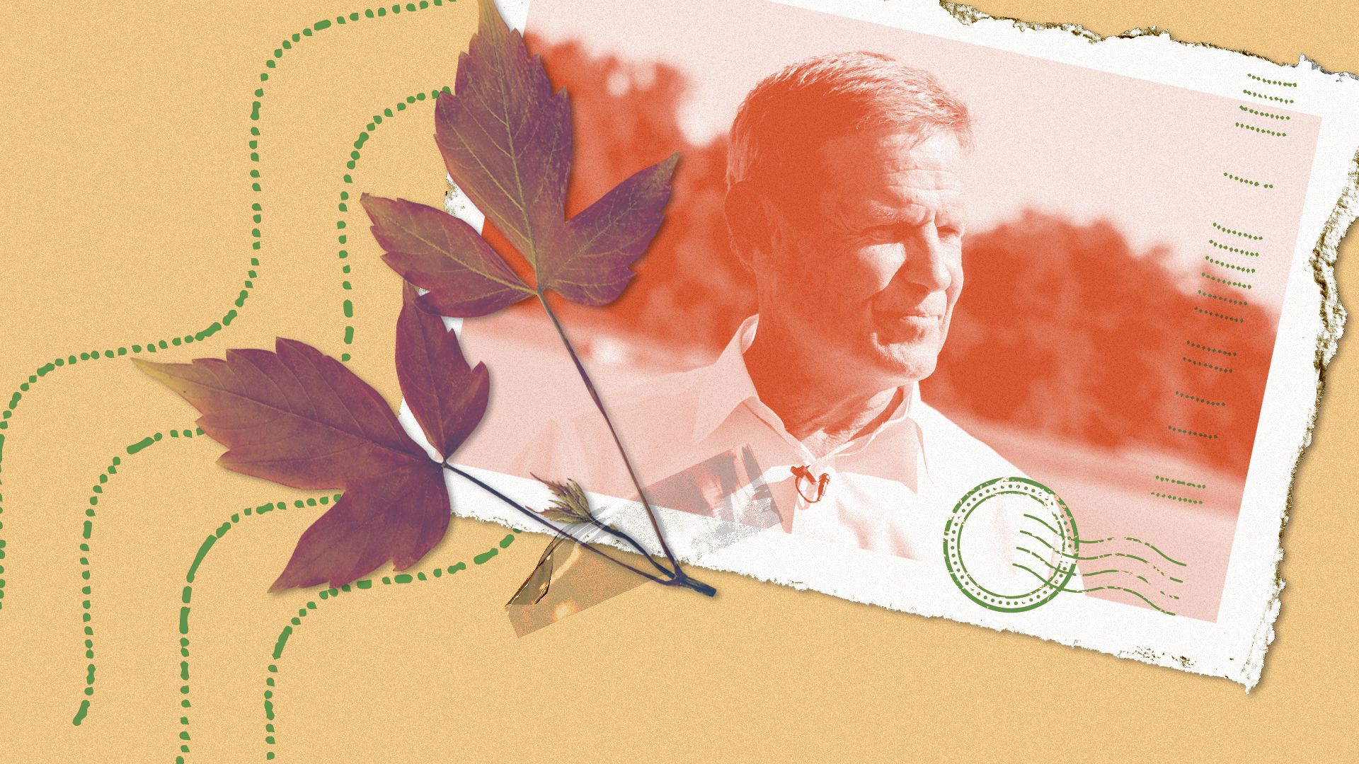 Photo illustration of a collage featuring a photo of Bill Lee on torn paper, arranged with leaves and postcard marks.
