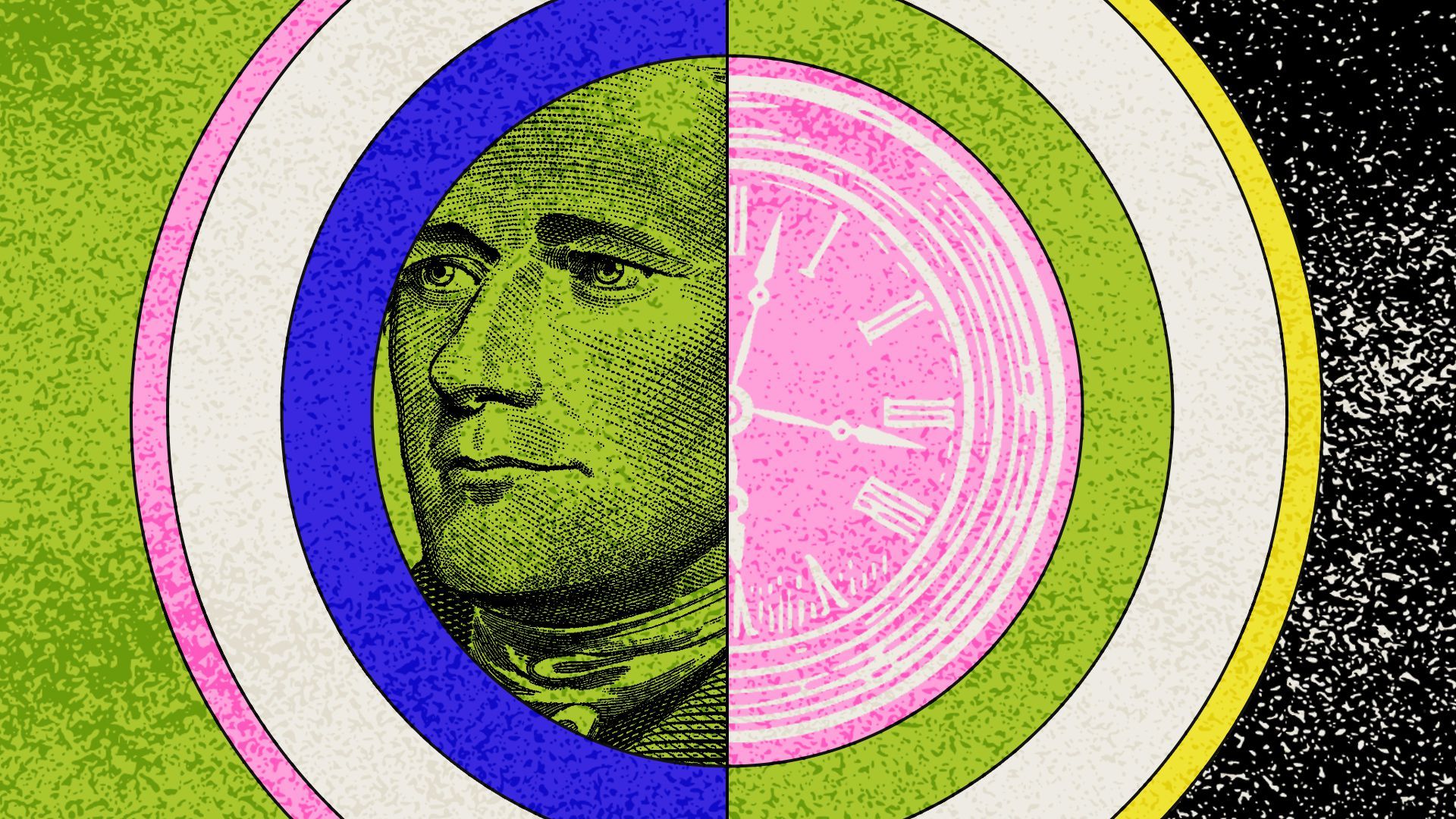 Illustration of a clock next to an image of Hamilton from the $10 bill