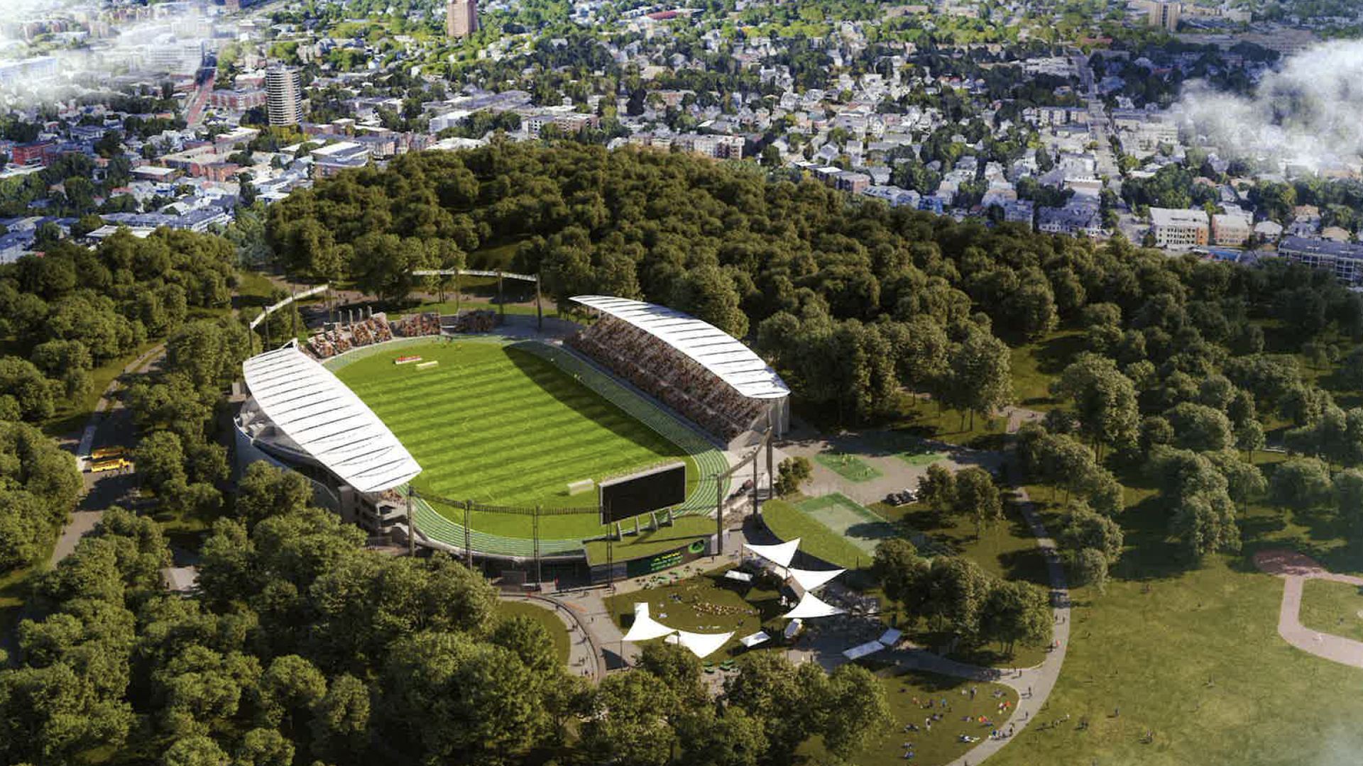 A rendering showing an aerial shot of a revamped White Stadium with a green field.