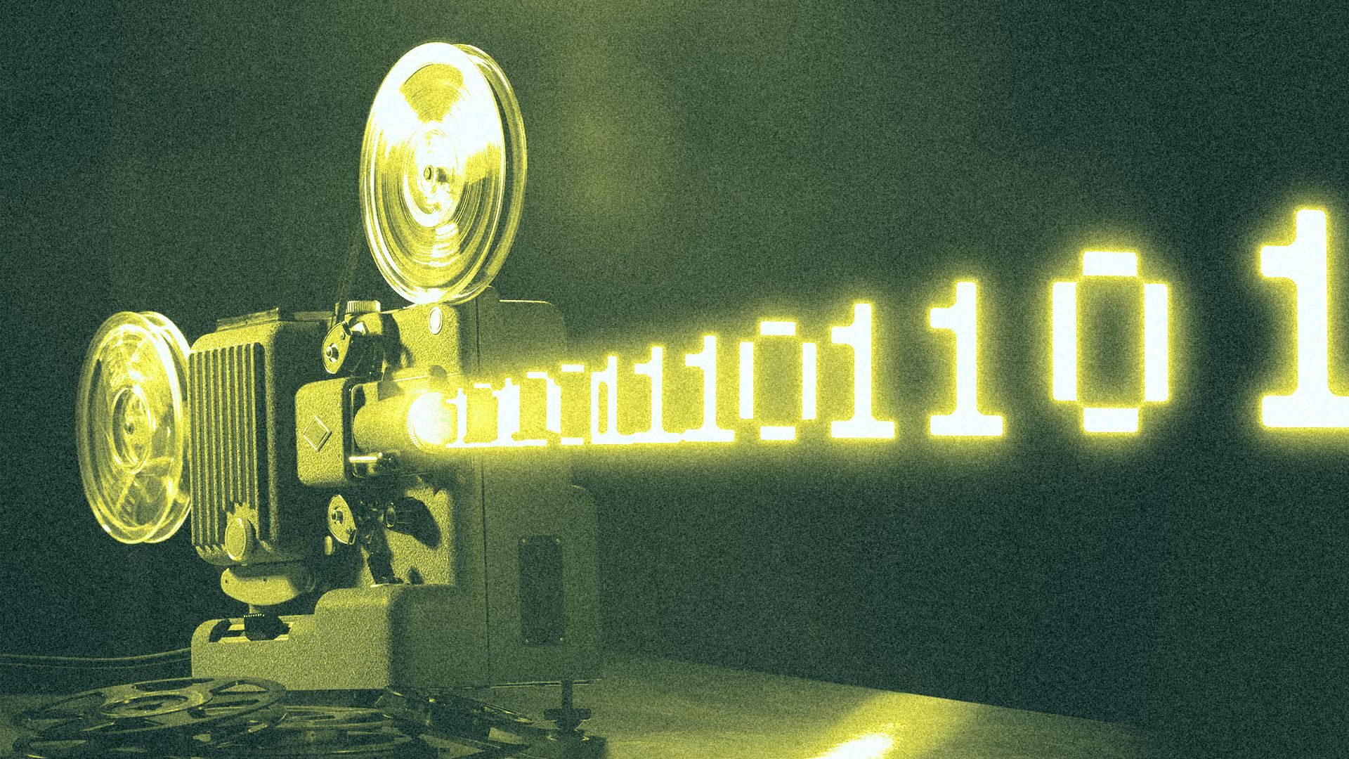 Illustration of a movie projector, projecting a line of binary code.