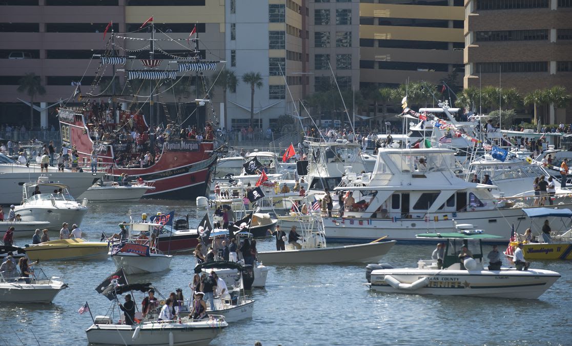 Gasparilla Pirate Fest in 2011 shows dozens of boats carrying people dressed as pirates