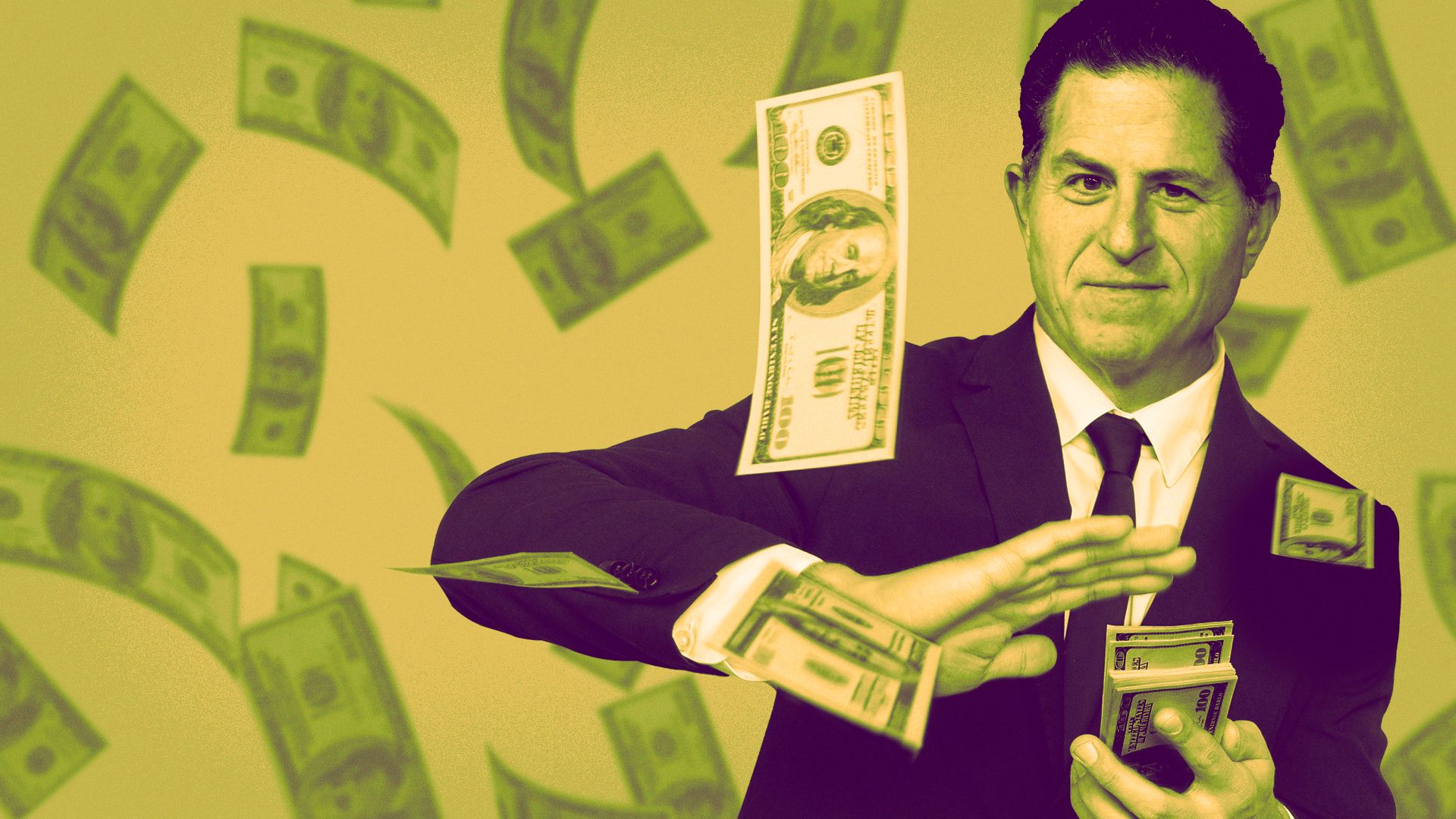 Illustration of Michael Dell holding a stack of cash, with raining money behind him.