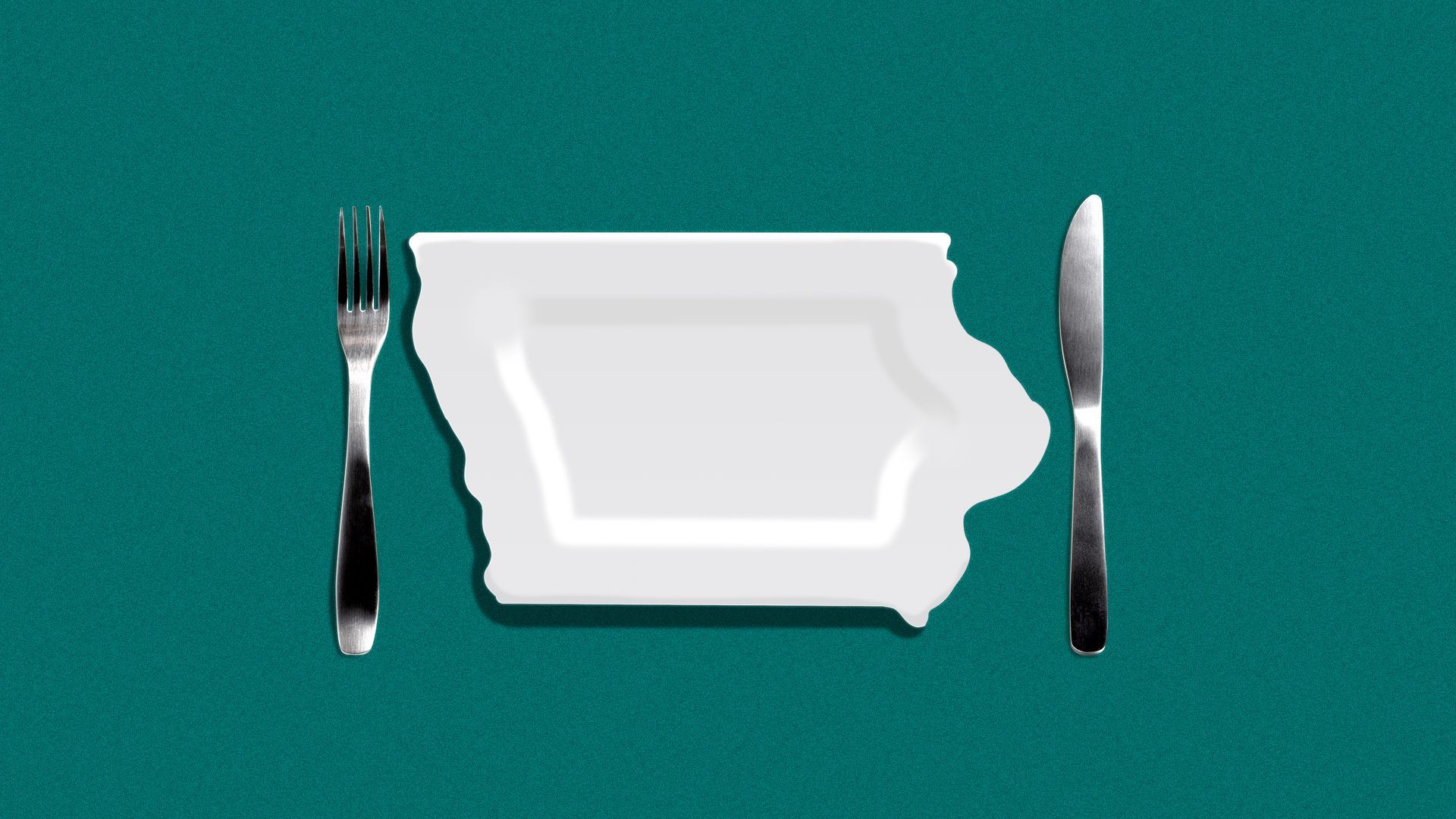 Fork and knife illustration with a plate shaped like the state of Iowa