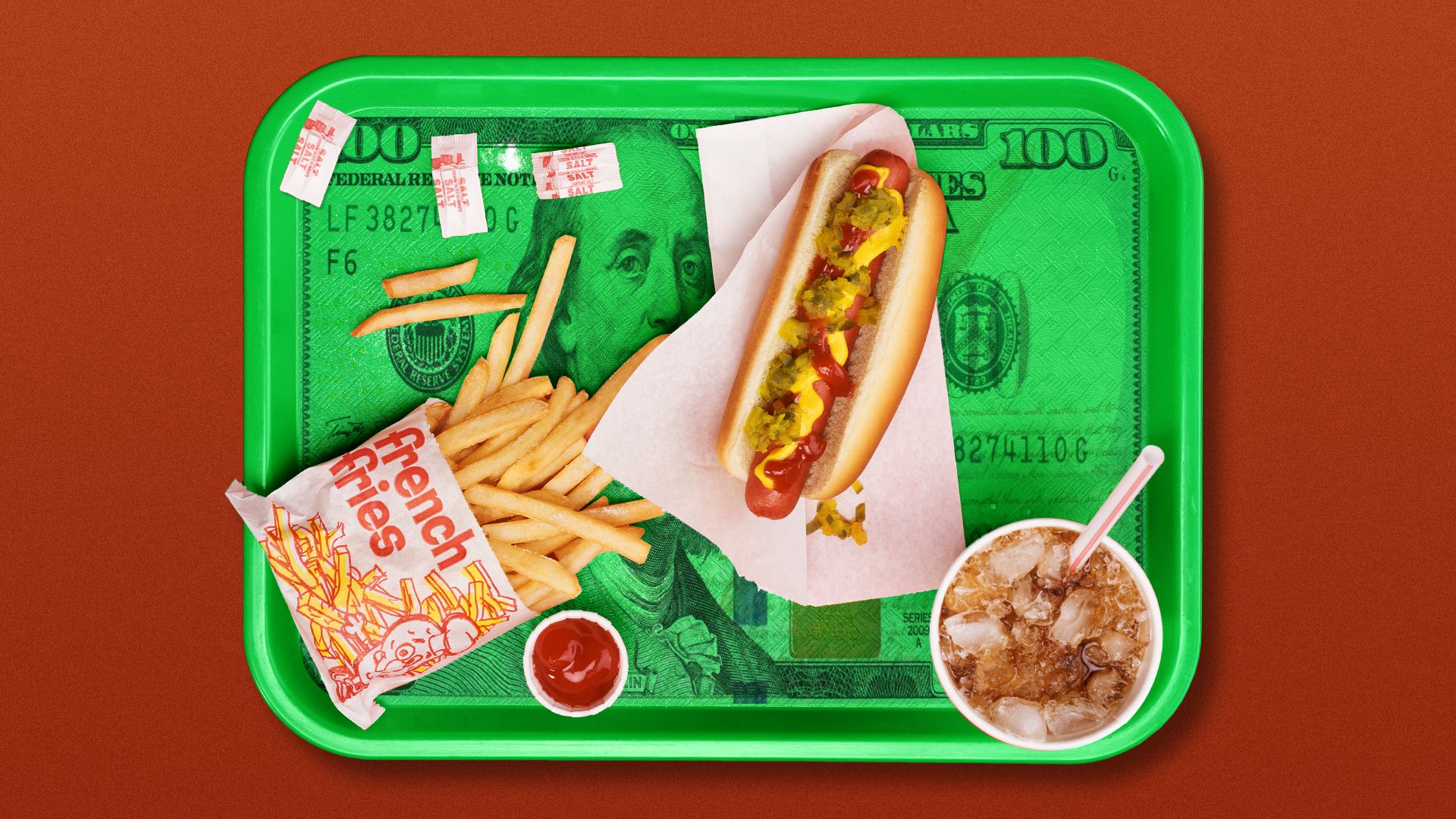 Illustration of a fast food on a tray covered in a one hundred dollar bill.
