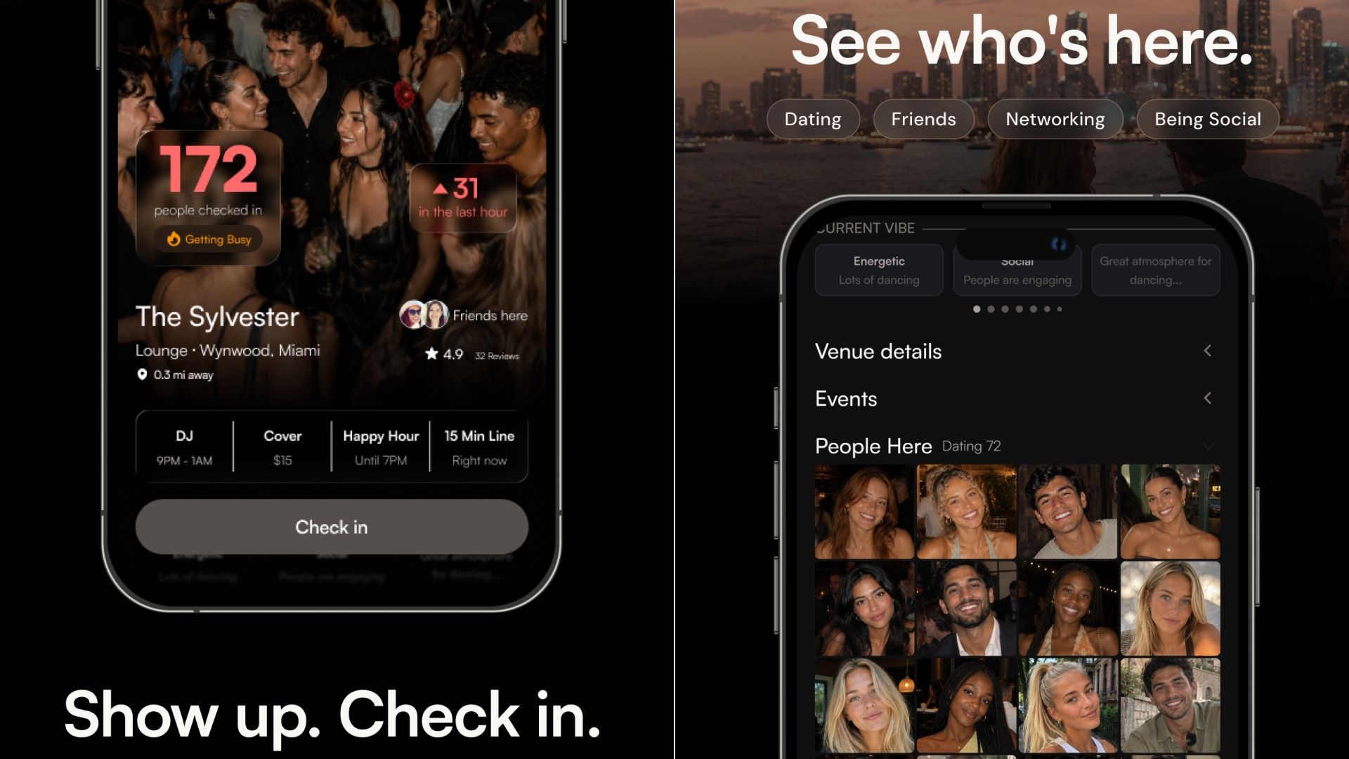 Screenshots of the Stoke app, including a feature showing how many users are at The Sylvester bar and prompting you to check in and see who is there.