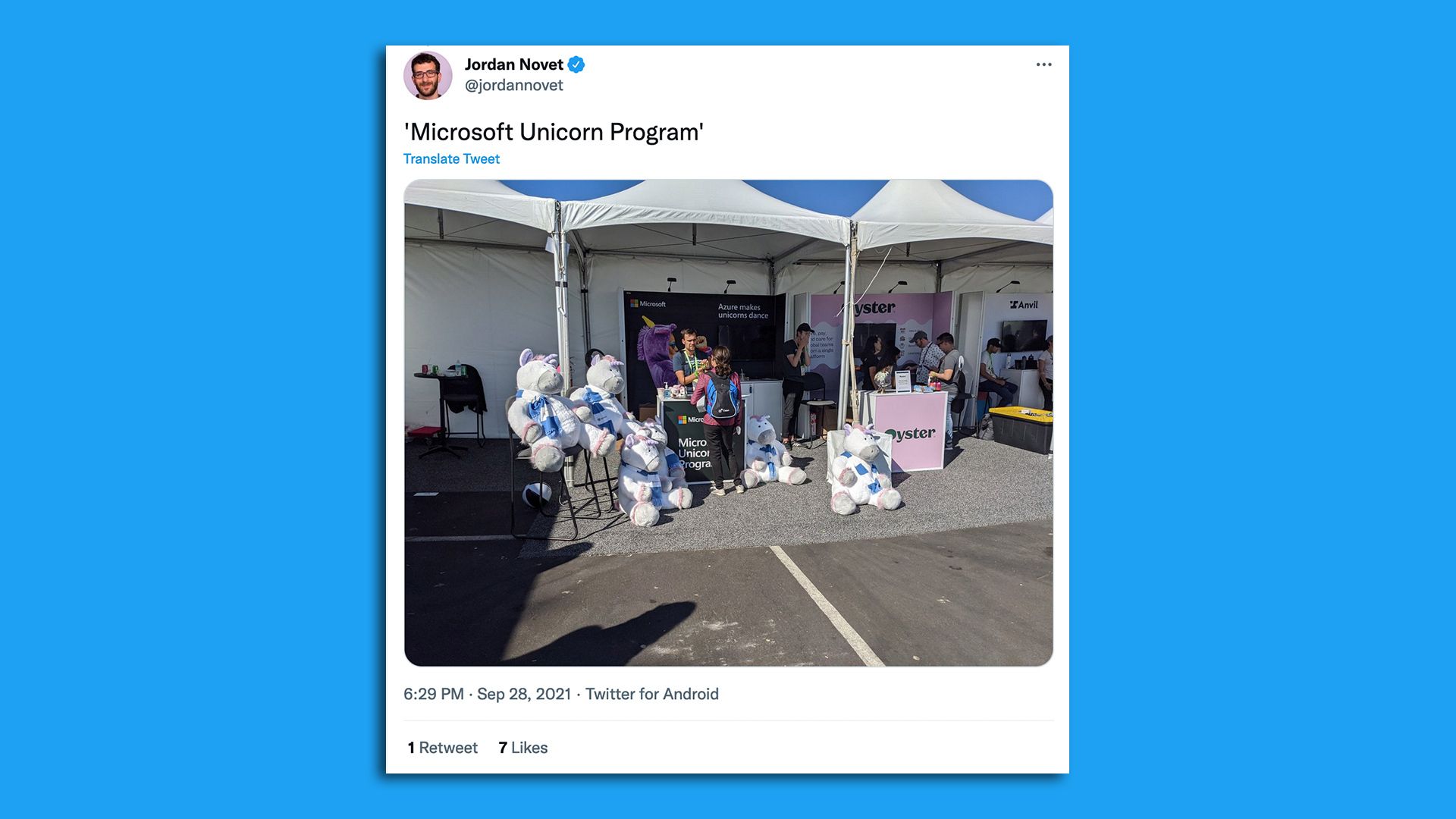Screen shot of tweet from Jordan Novet of Microsoft's booth at the SaaStr conference with text: "Microsoft Unicorn Program"