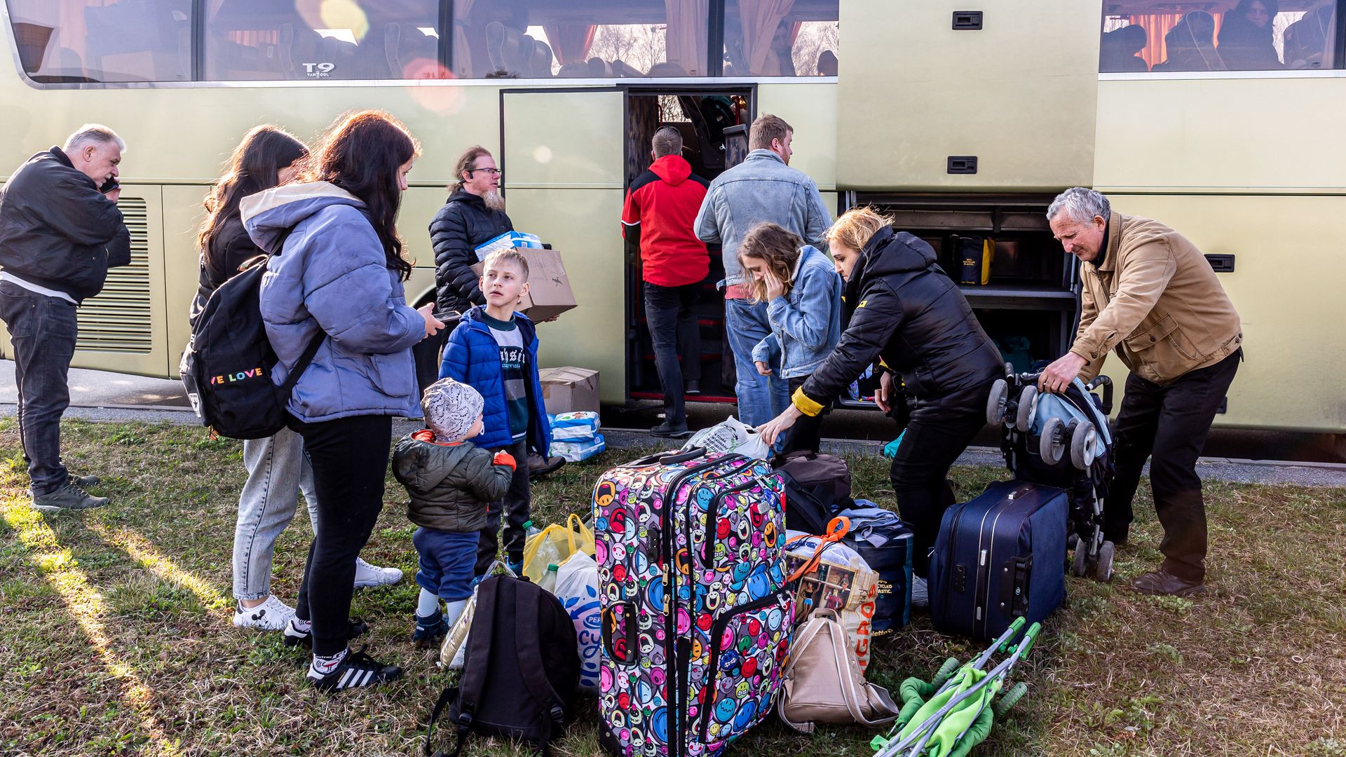 Ukrainian families arrive early in the morning in Lviv from refuge in Krakow, Poland as much Ukrainian return home as the Russian invasion of Ukraine is contiguous.