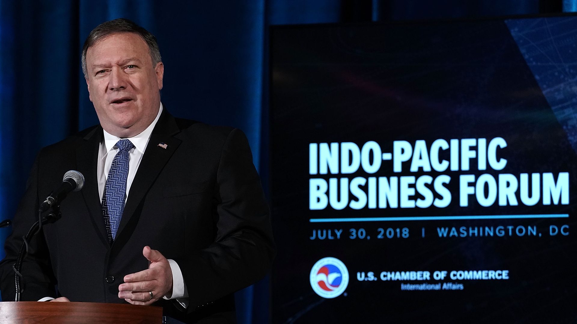 Secretary of State Pompeo speaks during the Indo-Pacific Business Forum at the U.S. Chamber of Commerce on July 30, 2018, in Washington, DC.