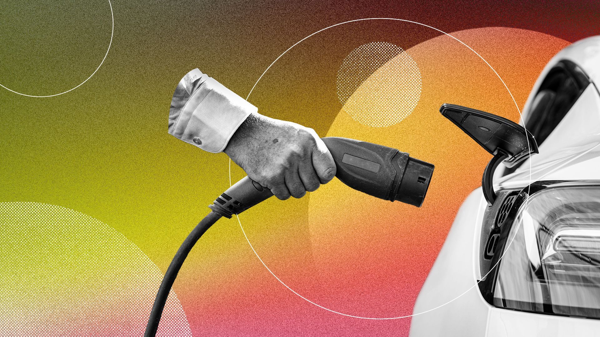 Illustration of a hand holding an EV charger up to a car.
