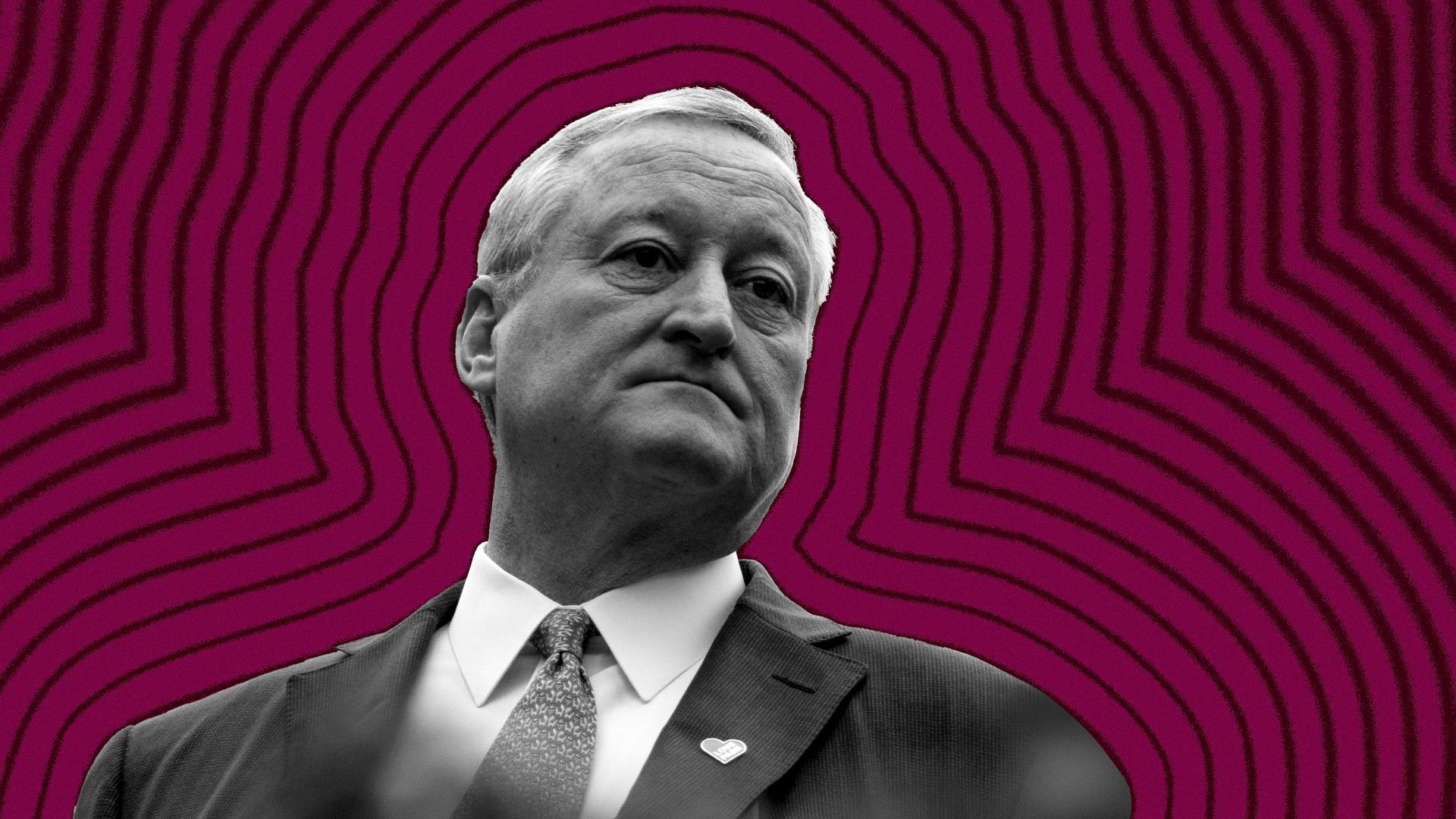 Photo illustration of Philadelphia Mayor Jim Kenney with lines radiating from him.