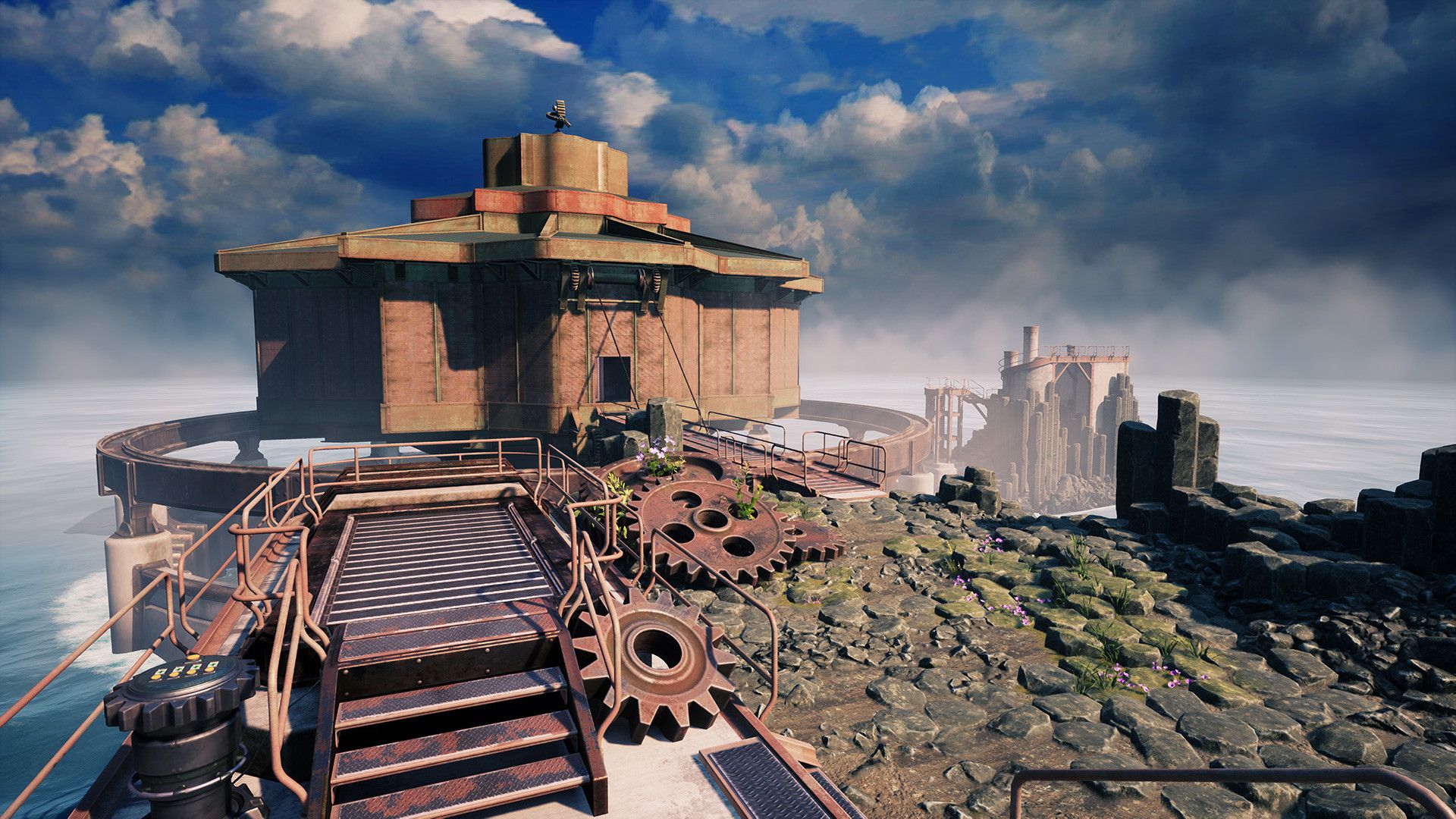 Screenshot of a building on an island below a cloudy sky